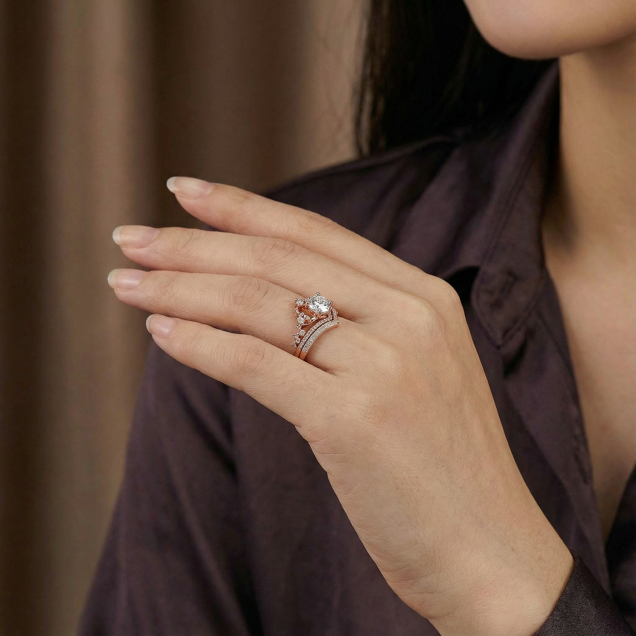 Vintage jewelry Round Cut Moissanite Crown Engagement Ring Set Art Deco RIng Set