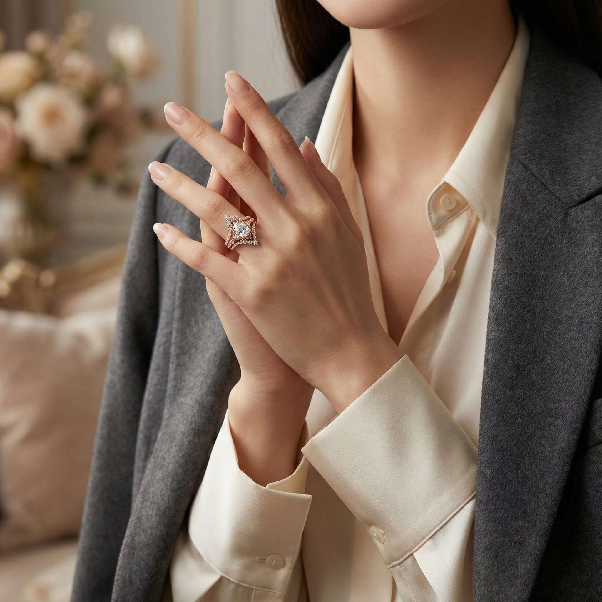 Luxurious Pear Shape Moissanite Rose Gold Three-Piece Set Unique Design Engagement Rings