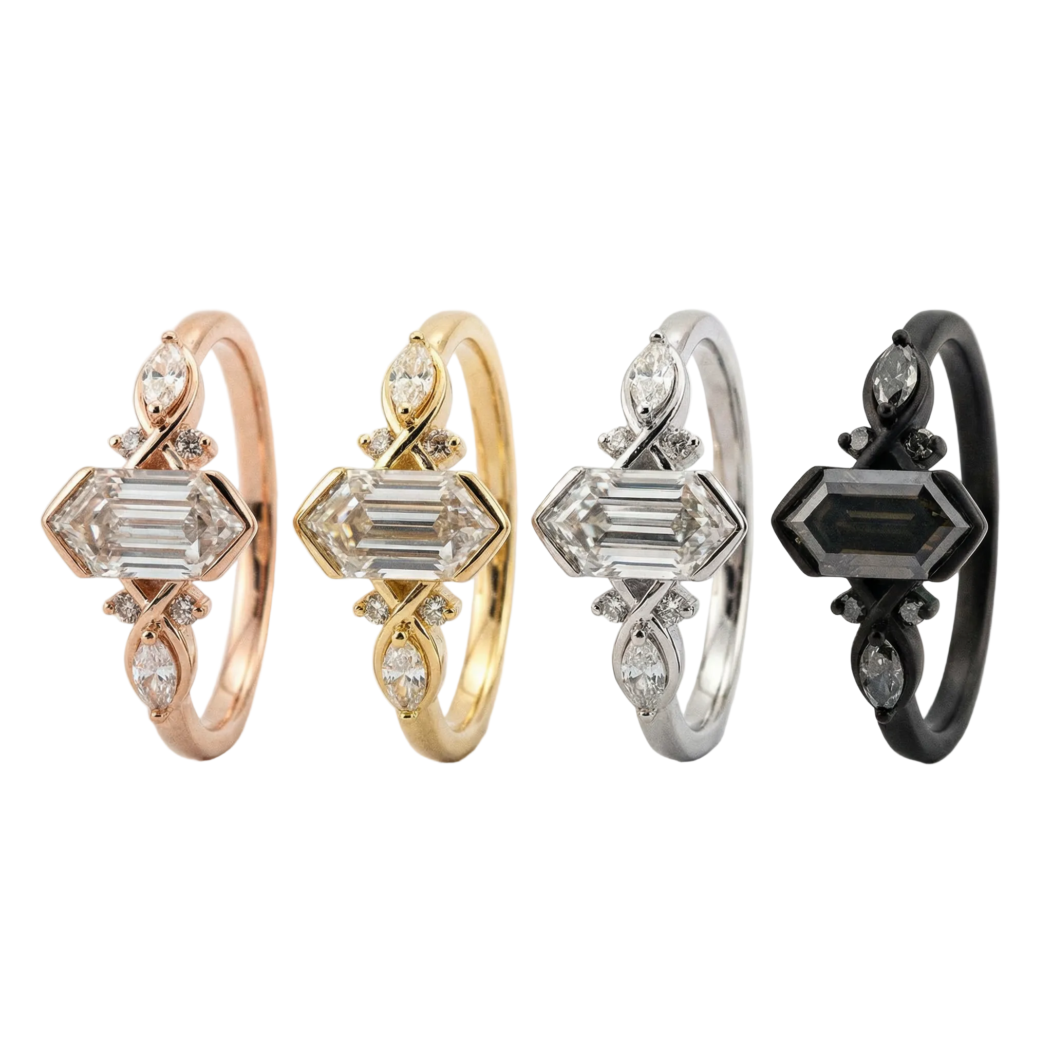 Lifestyle view of Long Hexagon Moissanite Ring in Gold
