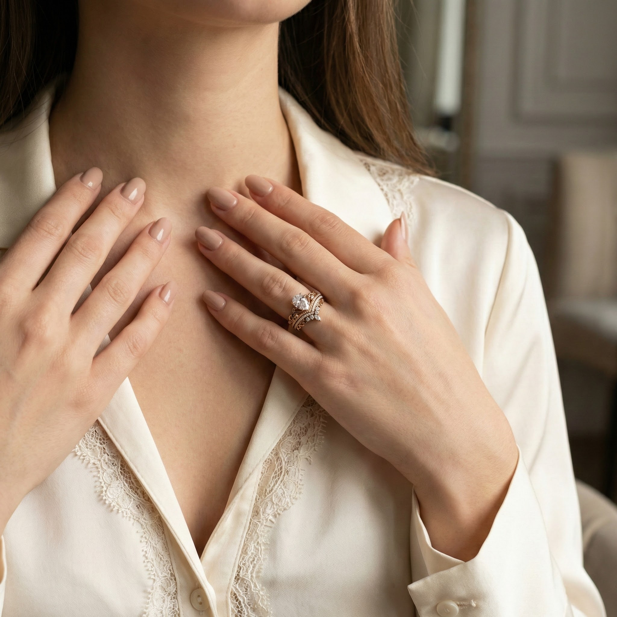 Detailed view of Pear Moissanite Ring Set in Gold