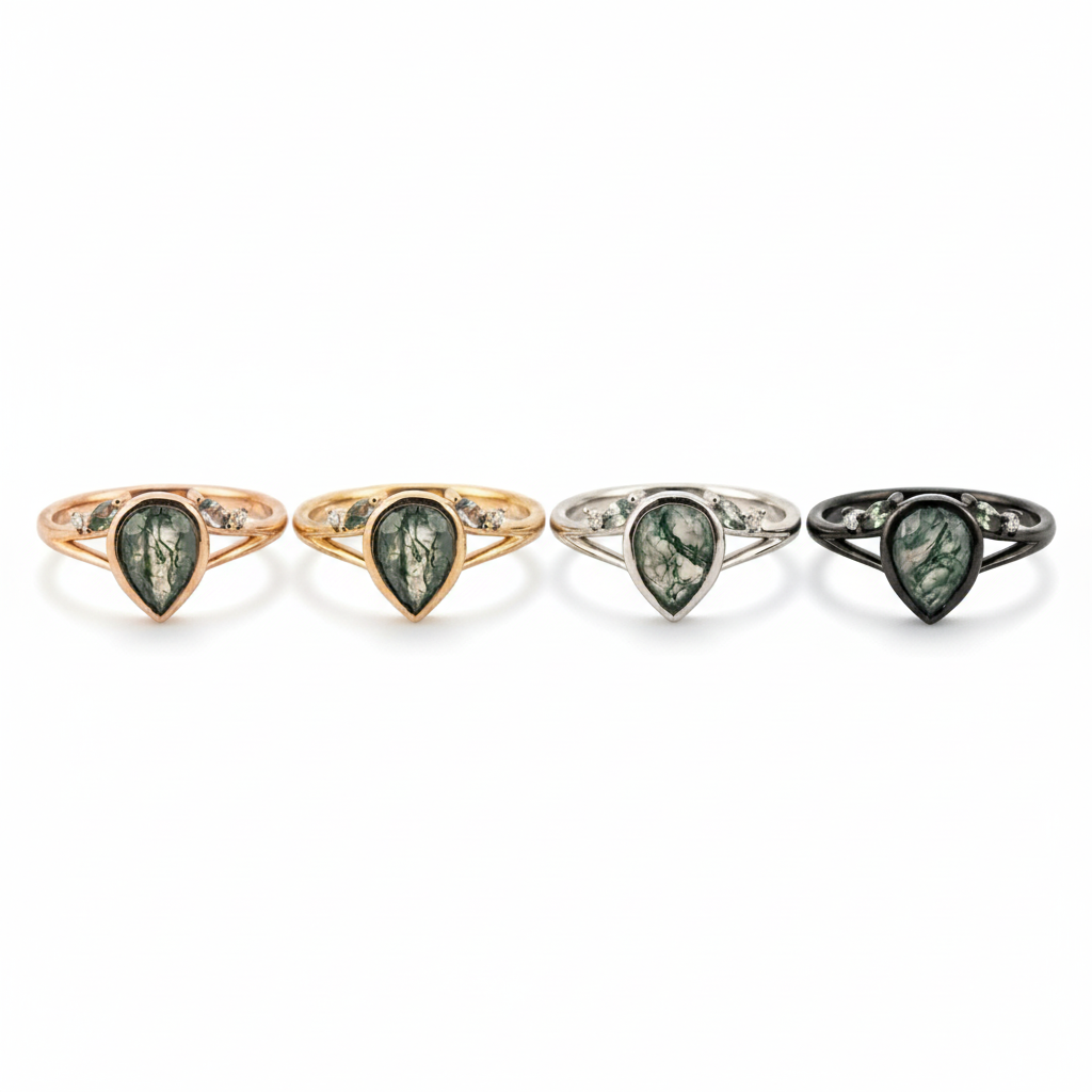 Lifestyle view of Pear Moss Agate Ring in Gold