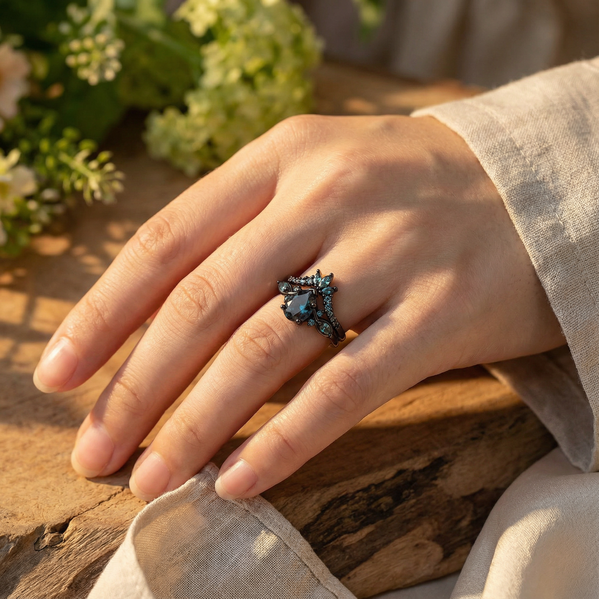 Pear Cut Lab Alexandrite Black Gold Unique Ring Set Black Gold Engagement Ring