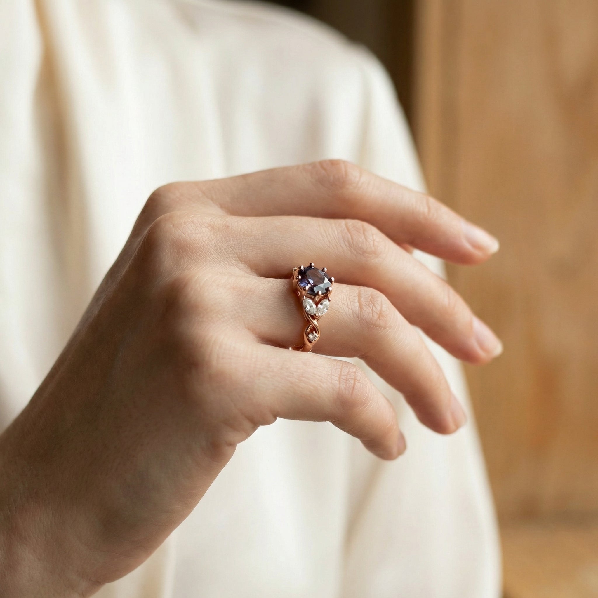 Detailed view of Round Alexandrite Ring in Gold