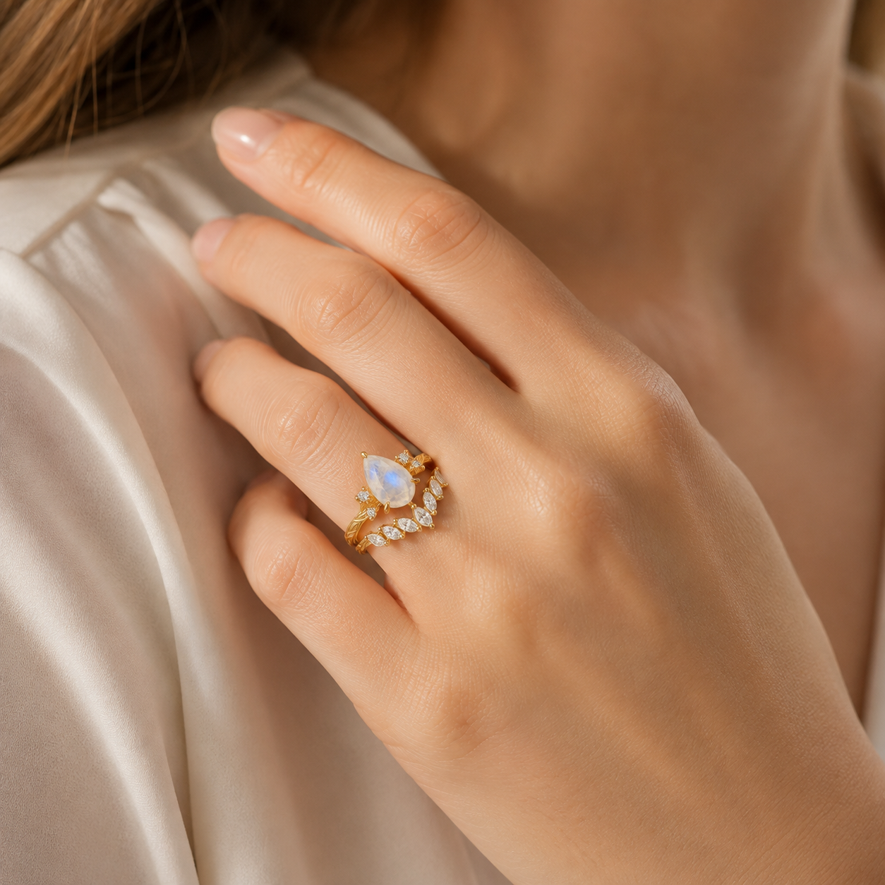 Nature inspired moonstone engagement ring with leaf design
