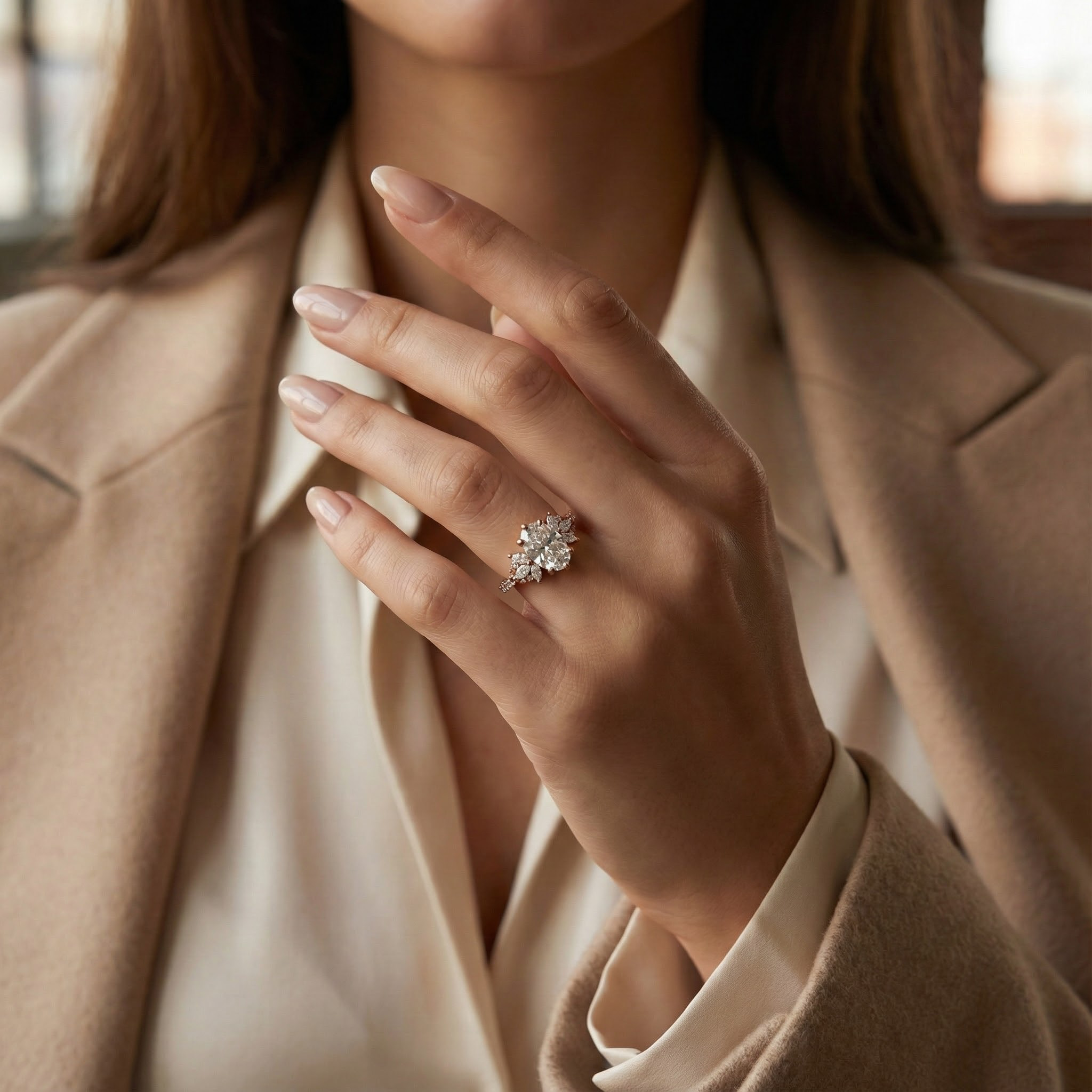 Elegant handmade oval moissanite ring featuring a delicate leaf motif, perfect for adding a touch of nature to your look.