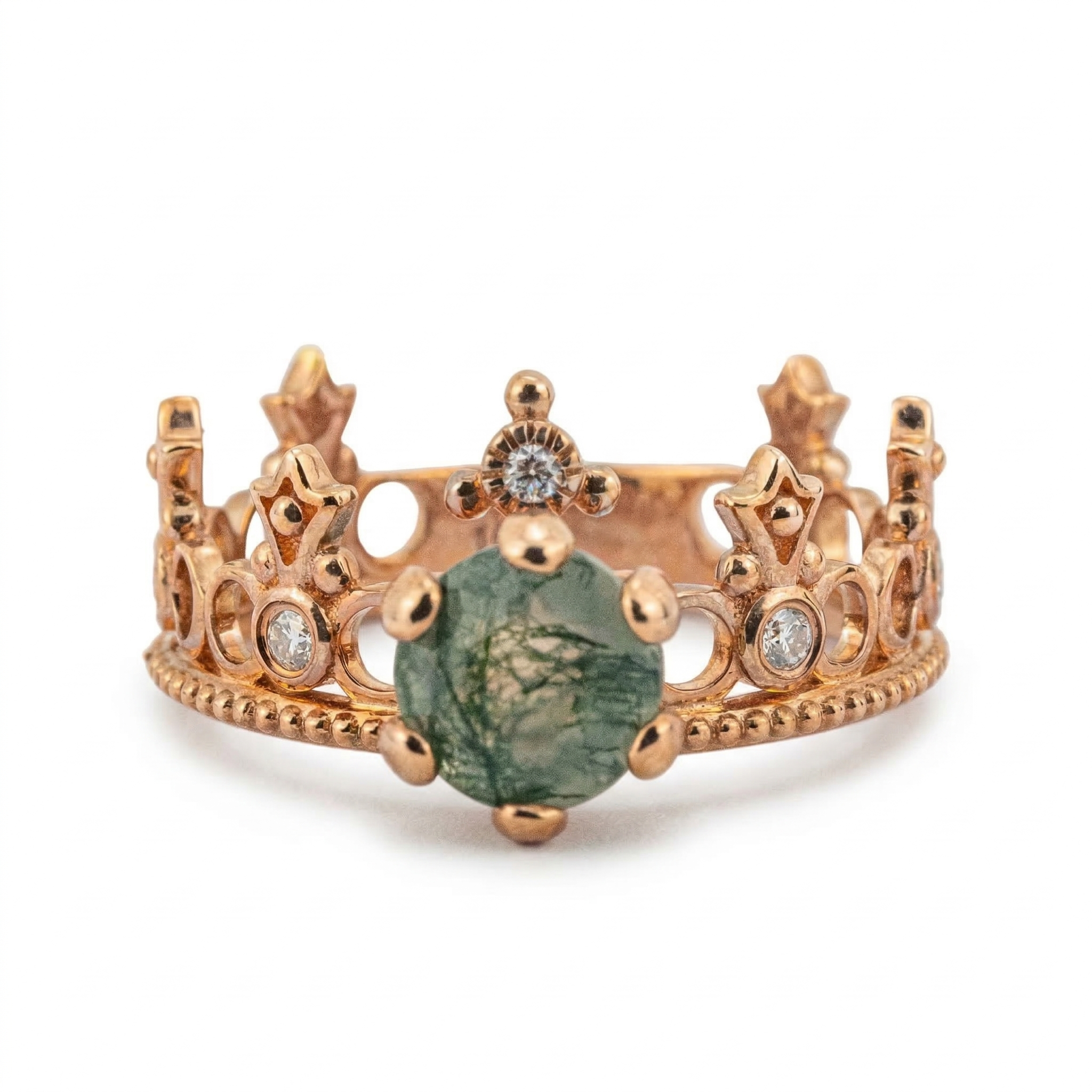 Front view of Round Moss Agate Ring in Rose Gold