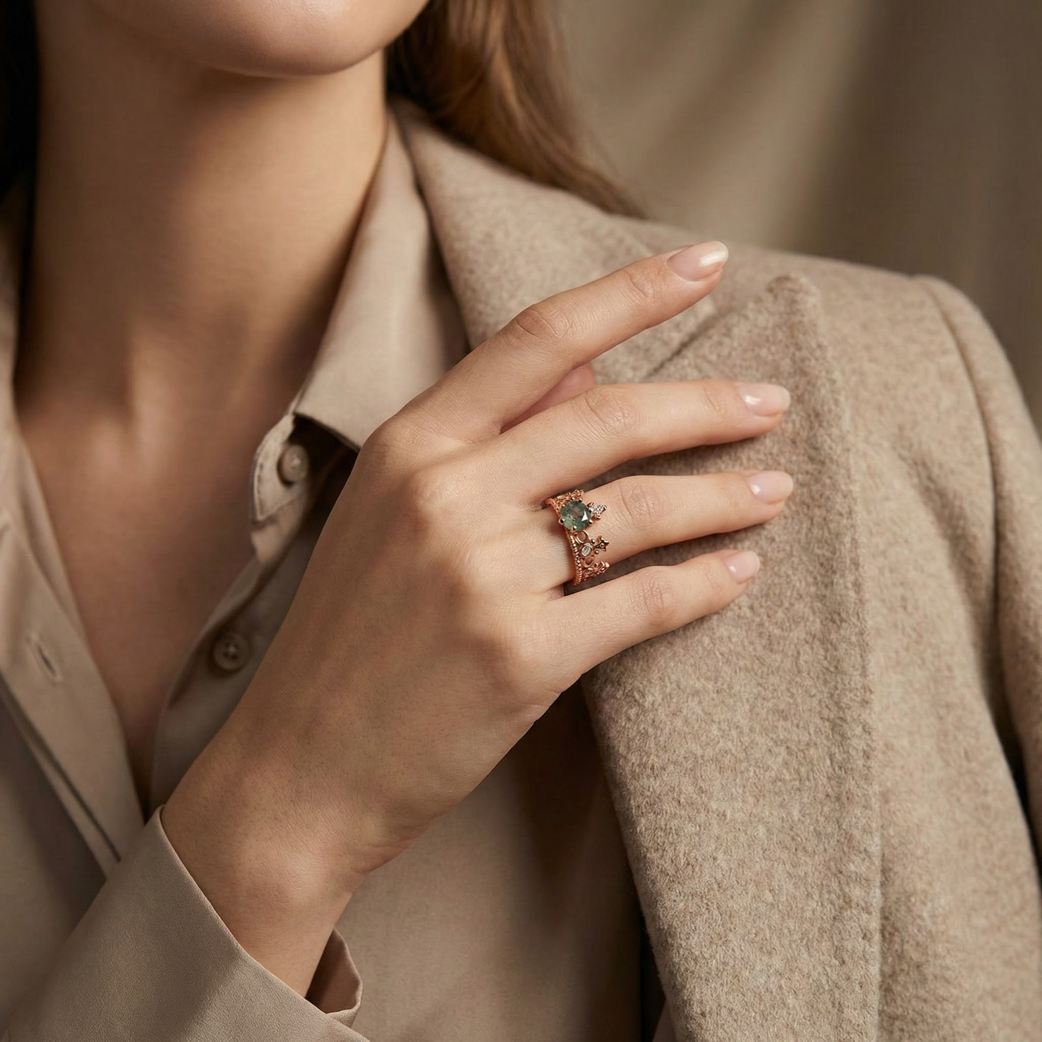 Angled view of Round Moss Agate Ring in Rose Gold