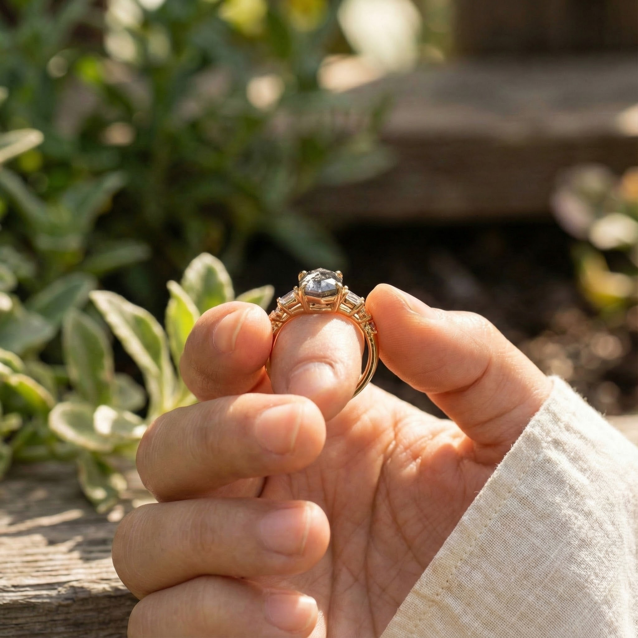 Luxurious Long Hexagon Salt & Pepper Diamond Engagement Ring - Enhance your unique style with this exquisite piece!