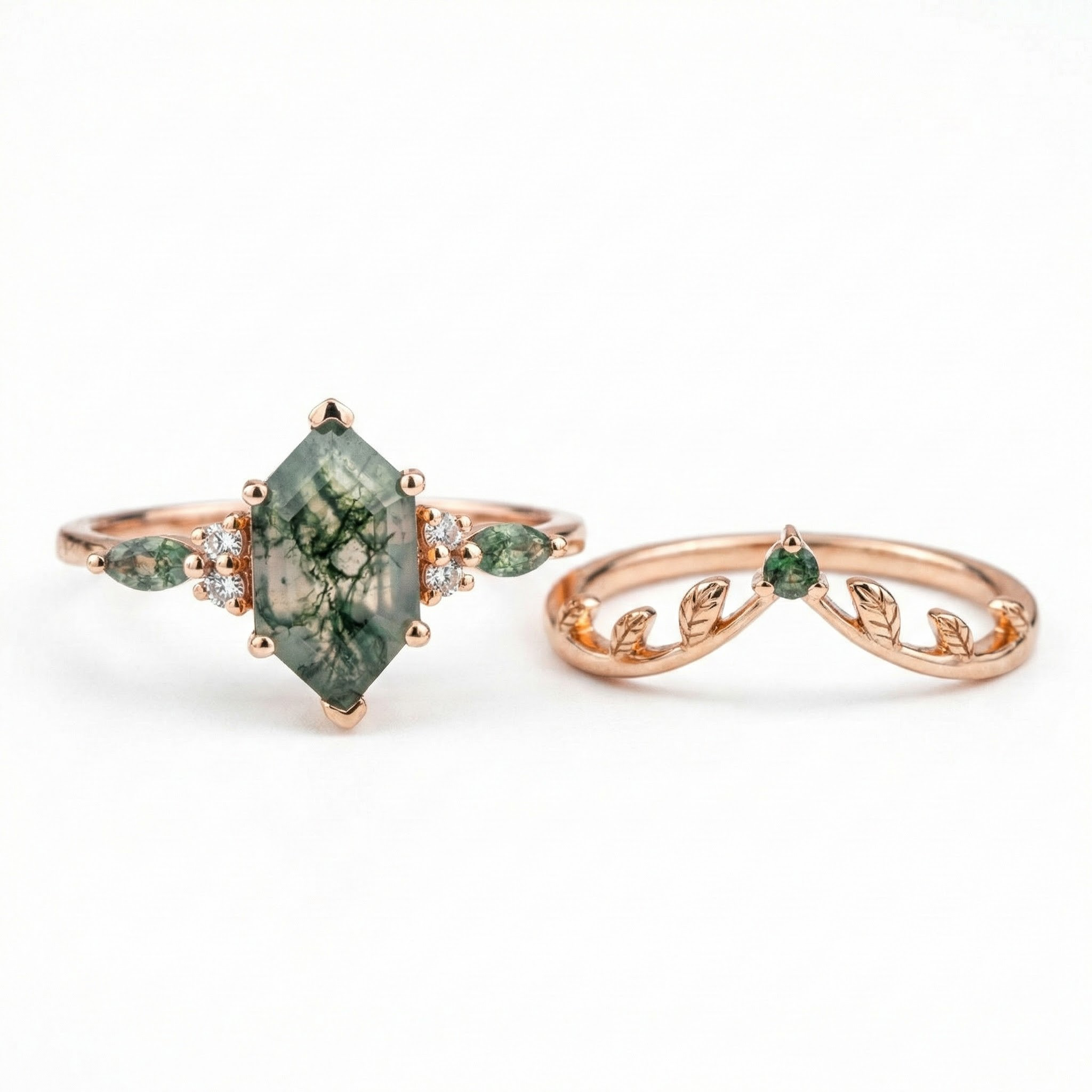 Product view of Long Hexagon Moss Agate Ring Set in Gold