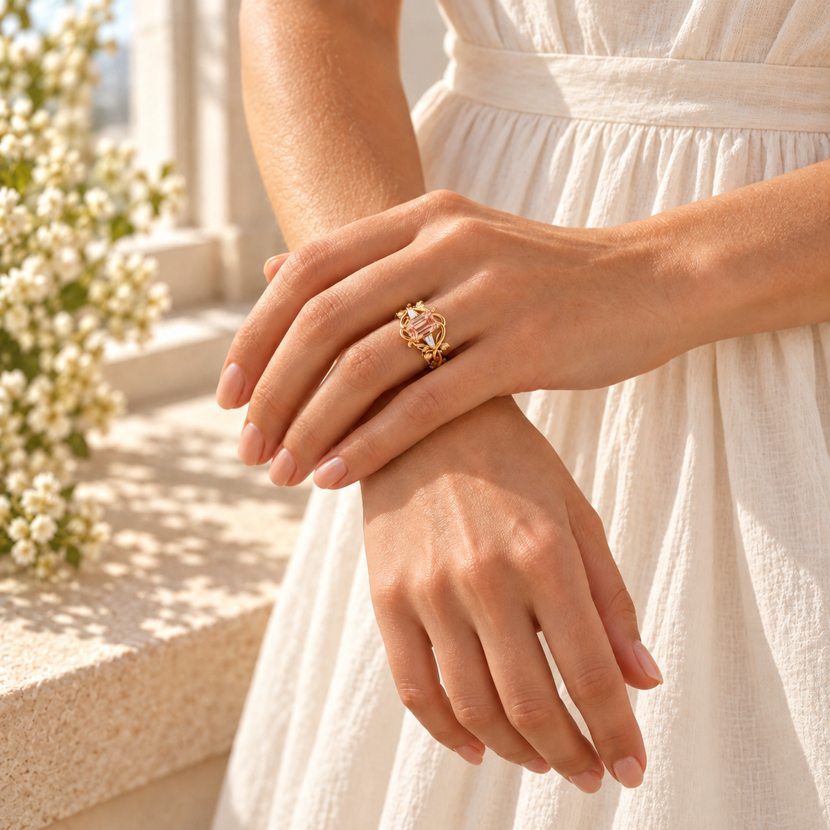 Peach-pink emerald-cut Padparadscha sapphire ring with tapered side accents