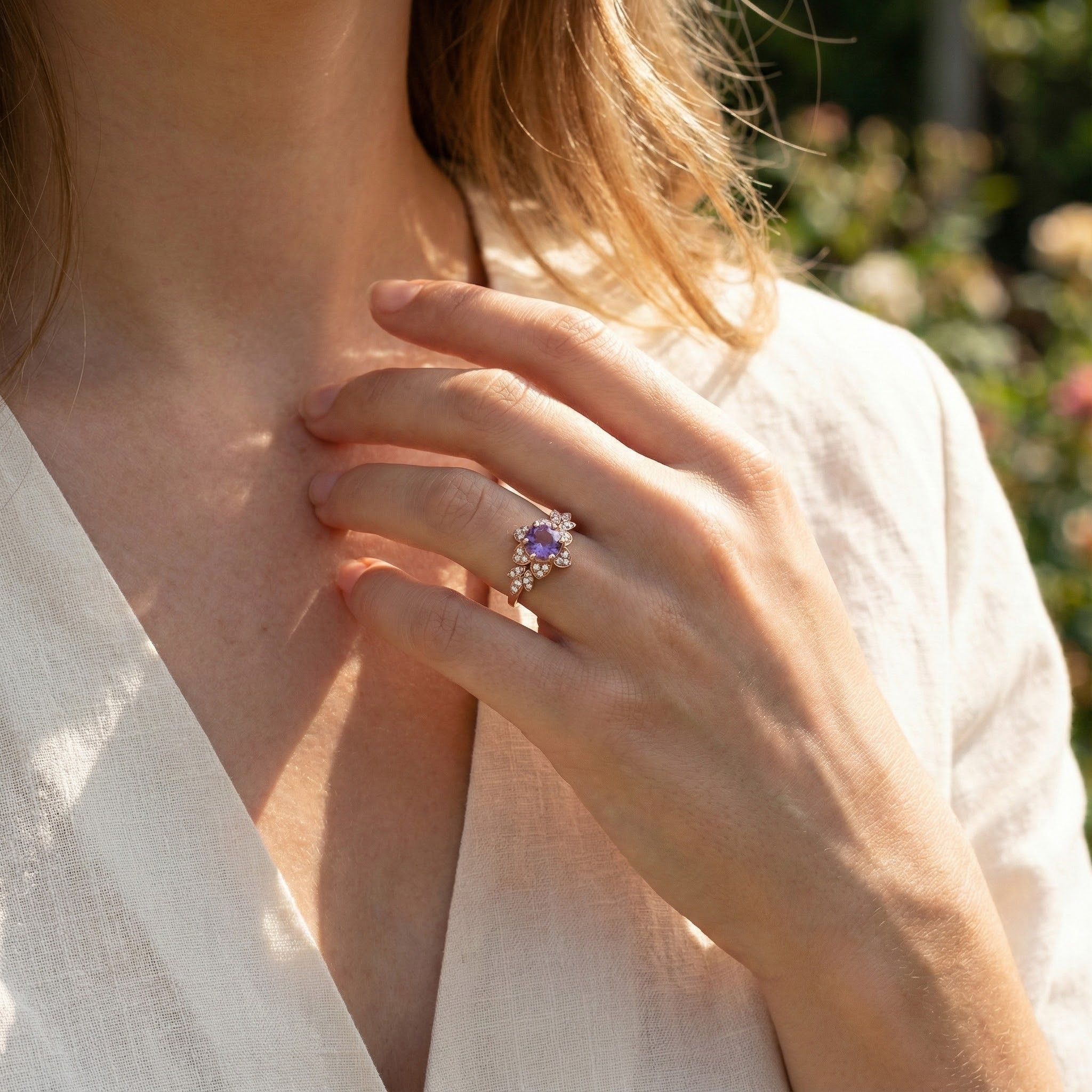 Exquisite round amethyst ring sparkling with luxury and elegance, perfect for a sophisticated touch.