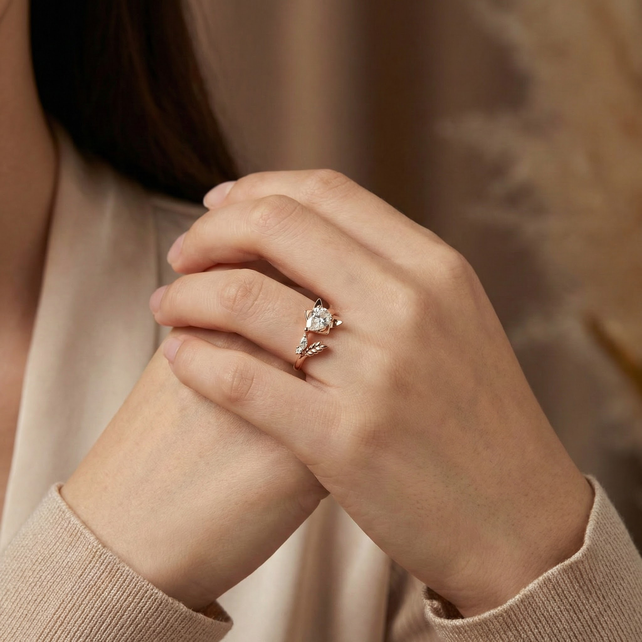 Detailed view of Pear Moissanite Engagement Ring in Gold