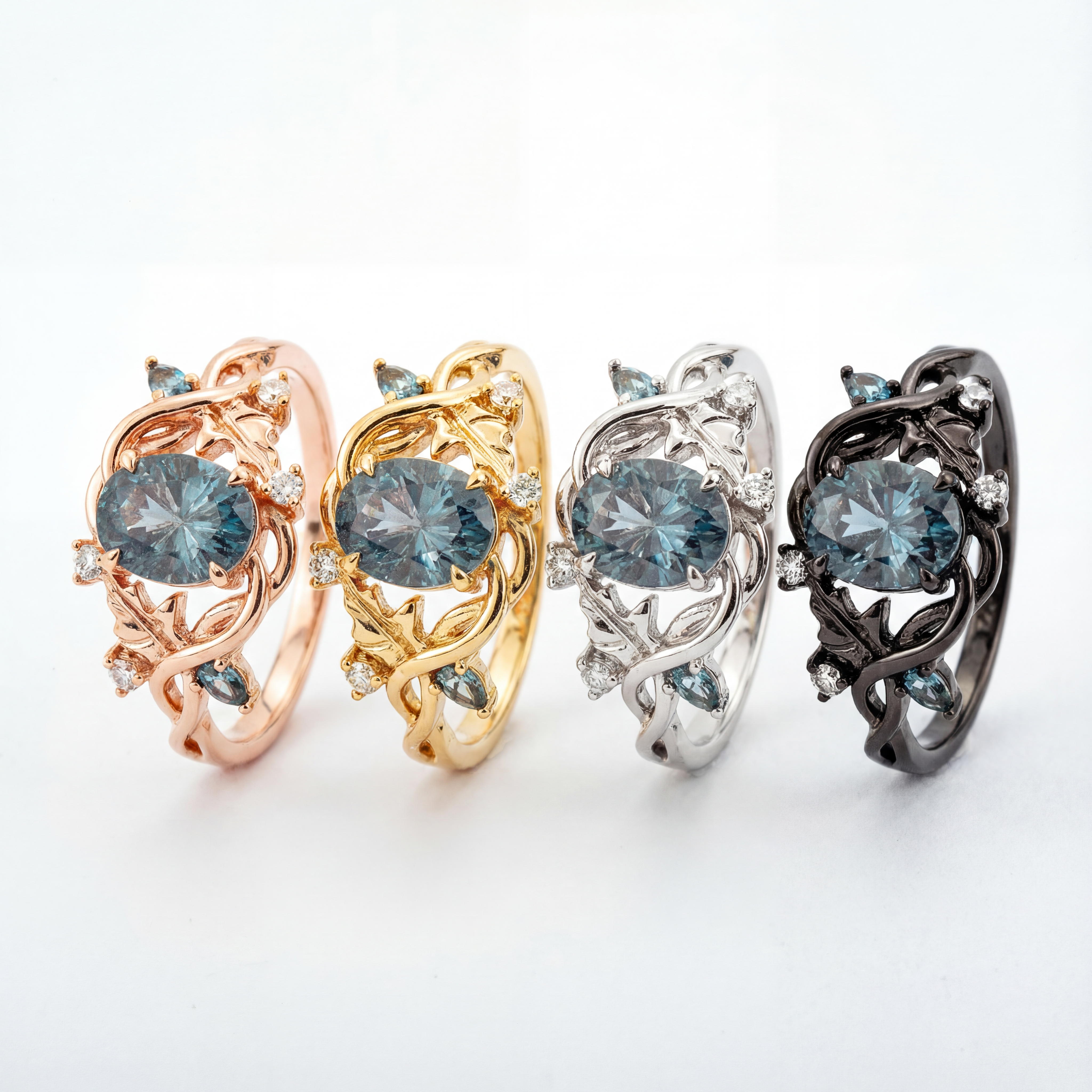 ELEVA - Oval Lab Alexandrite Rose Gold Leaf Ring Floral Fireworks Cut Nature Ring