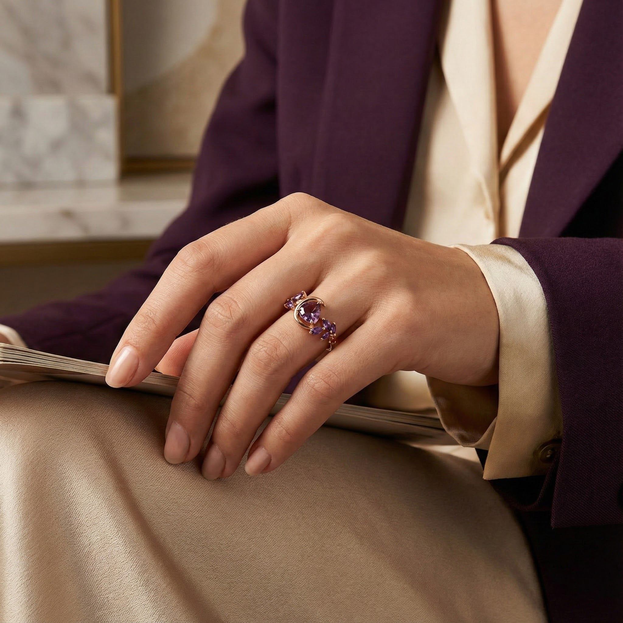 Heart Shaped Alexandrite and Amethyst Engagement Ring Floral Ring