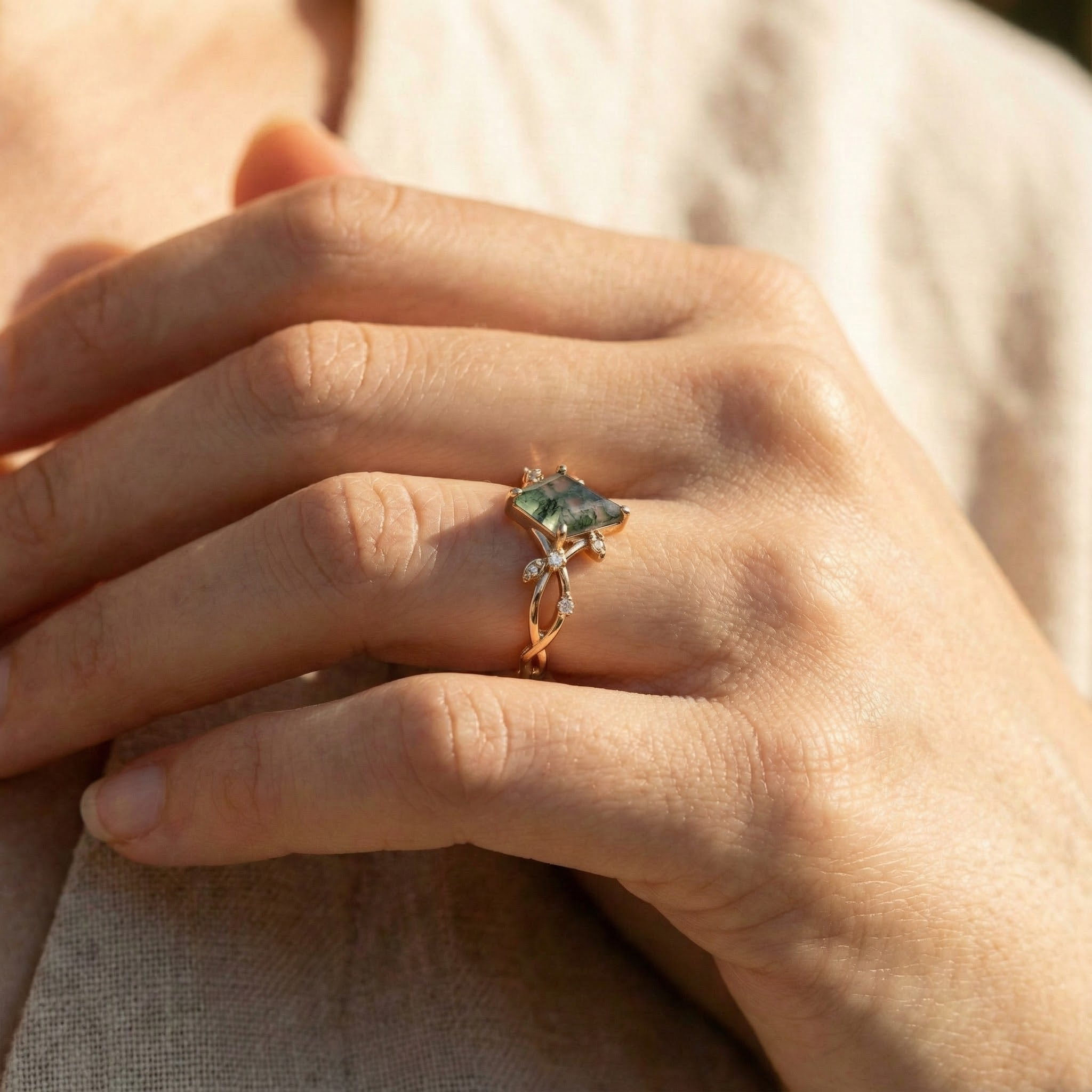Botanical Elegance - Kite Moss Agate Engagement Ring Leaf Match Ring Rose Gold