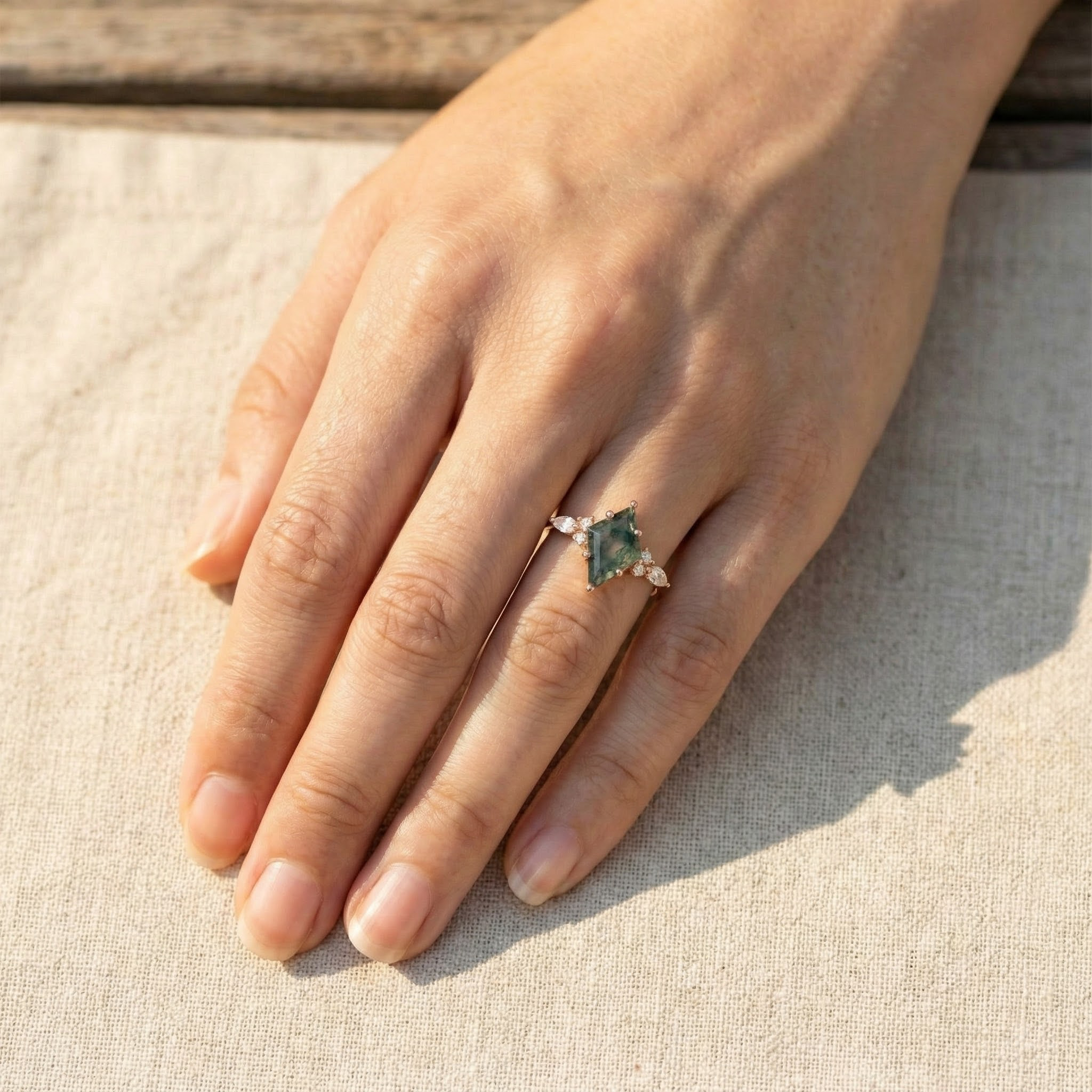 Unique Rose Gold Promise Ring with Kite Moss Agate and Moissanite Accents