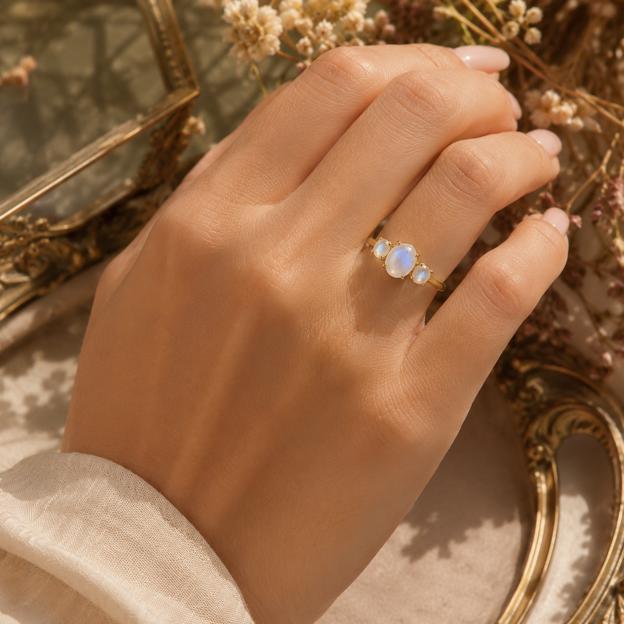 Oval Moonstone Three-Stone Ring