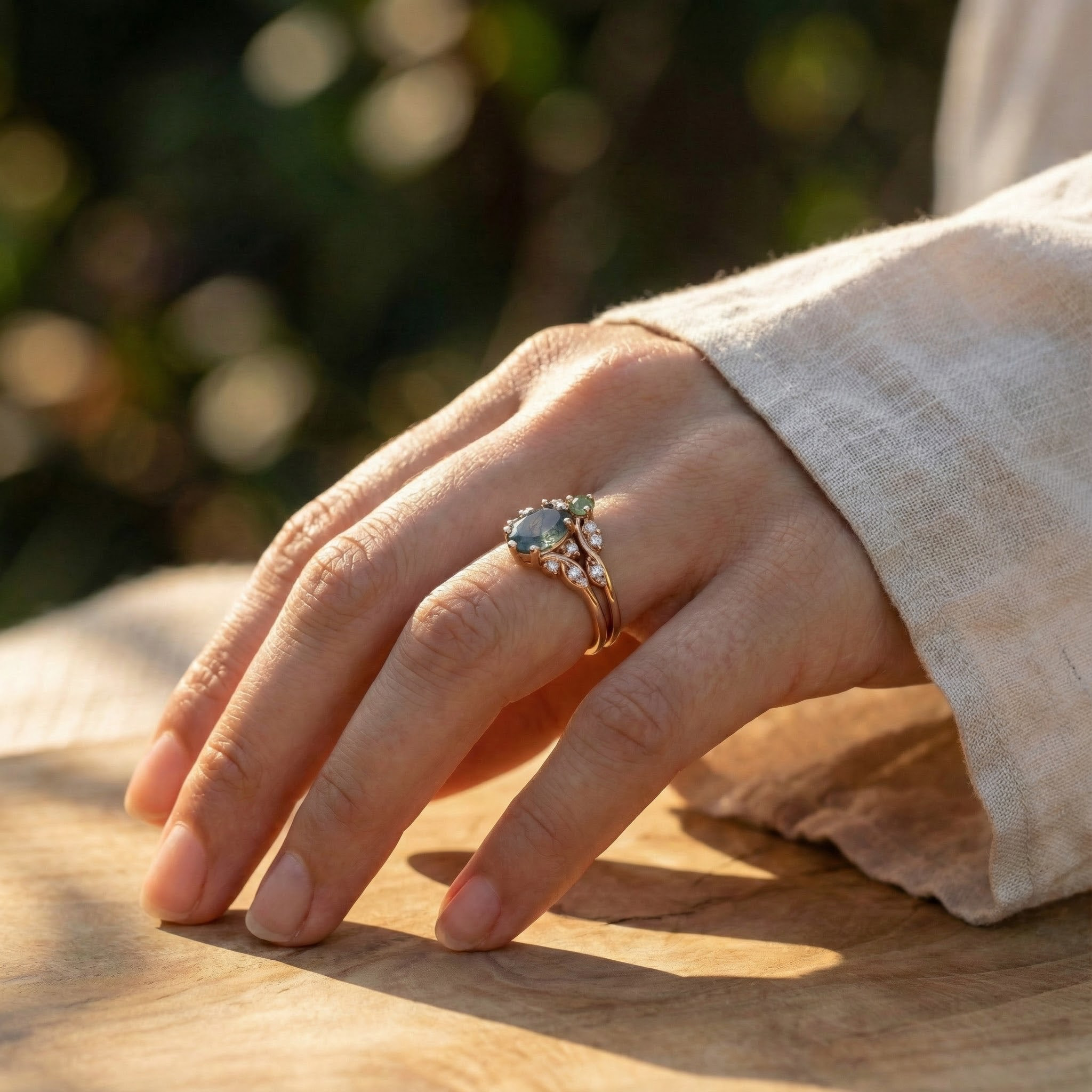 Elegant jewelry set with oval moss agate stones, moissanite gems in a nature-inspired design