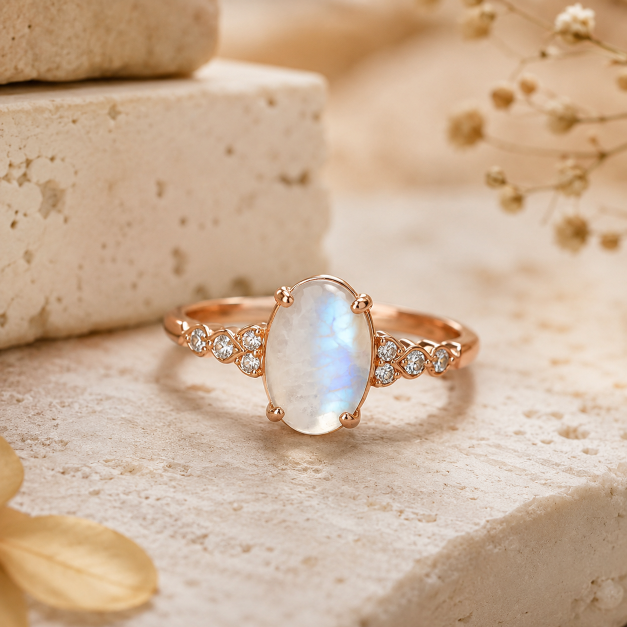 Oval moonstone engagement ring alternative in real gold