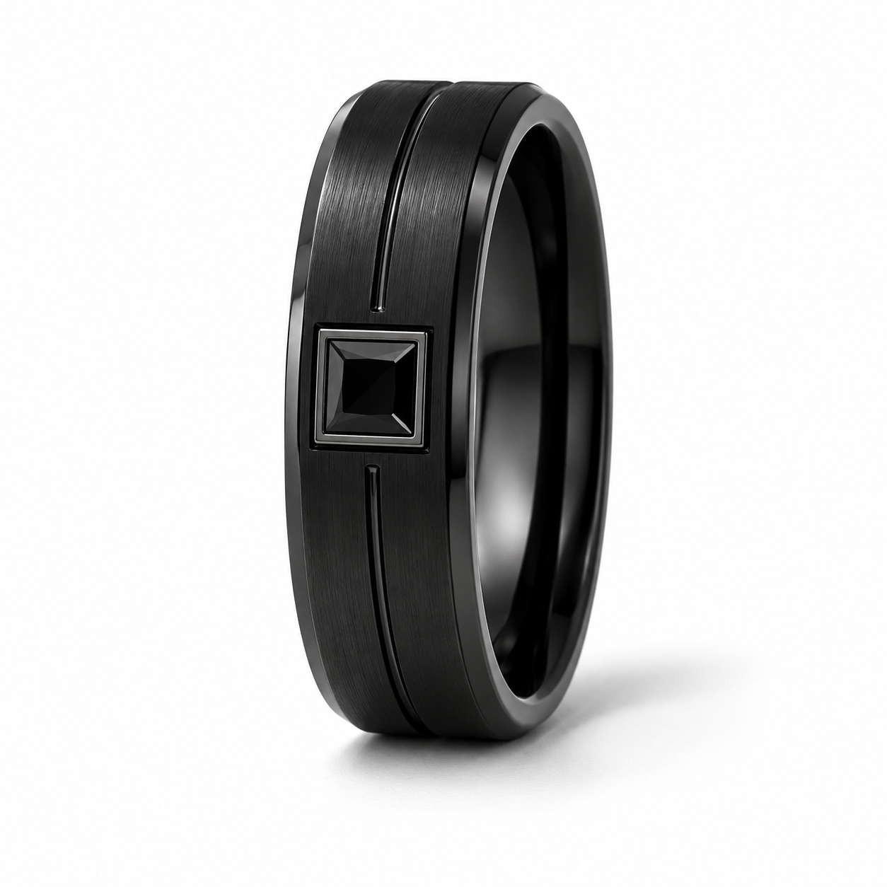 Upright black gold men’s wedding band with square black onyx center stone