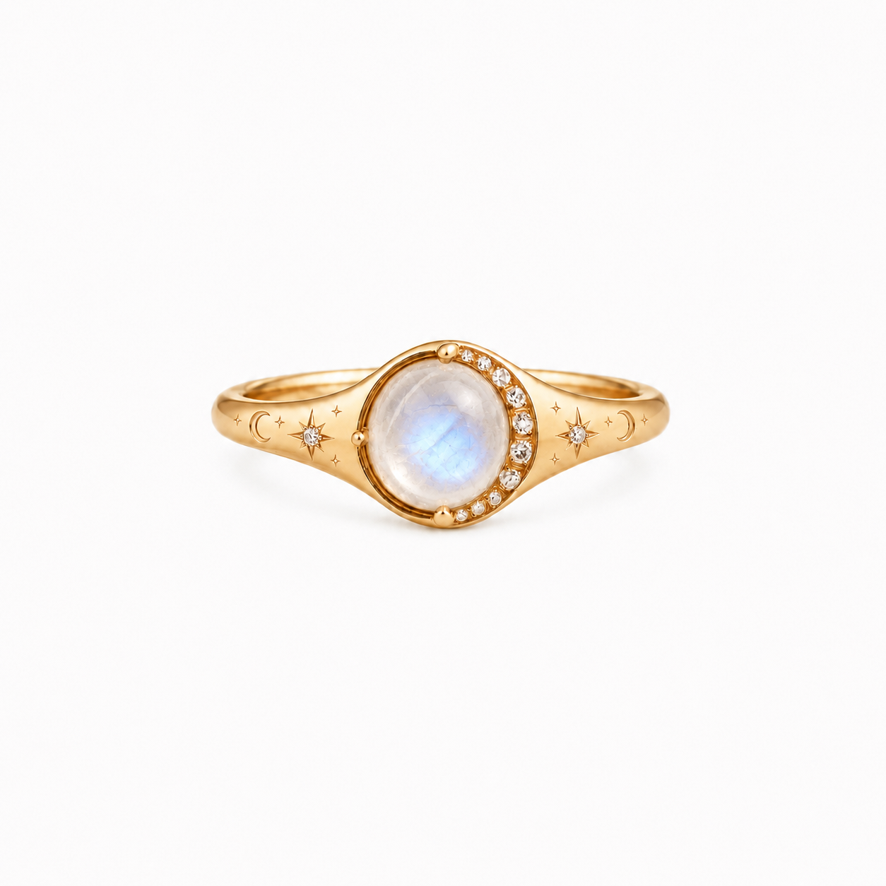 Celestial gold moonstone ring with 6mm round moonstone, moissanite crescent halo, and engraved star moon band