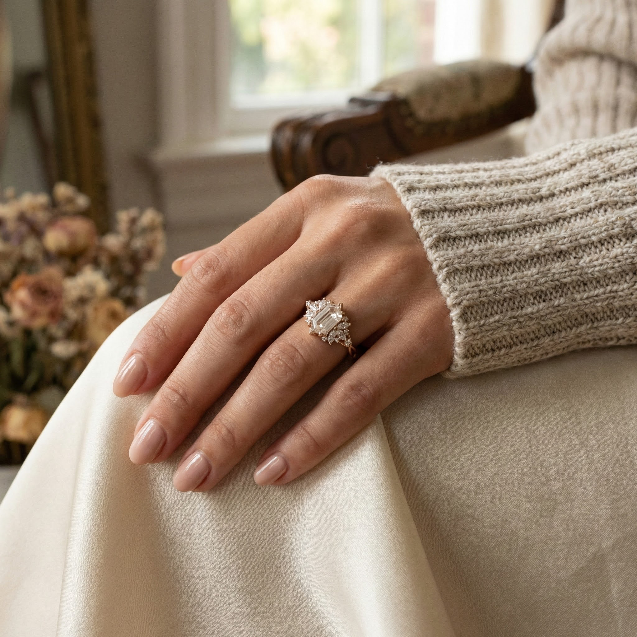 Detailed view of Long Hexagon Moissanite Engagement Ring in Rose Gold