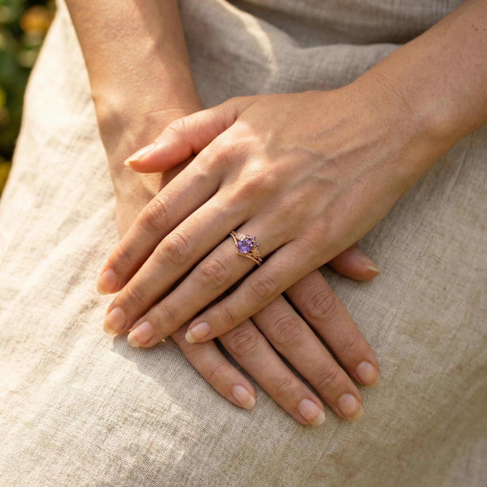 Detailed view of Round Amethyst Ring in Gold