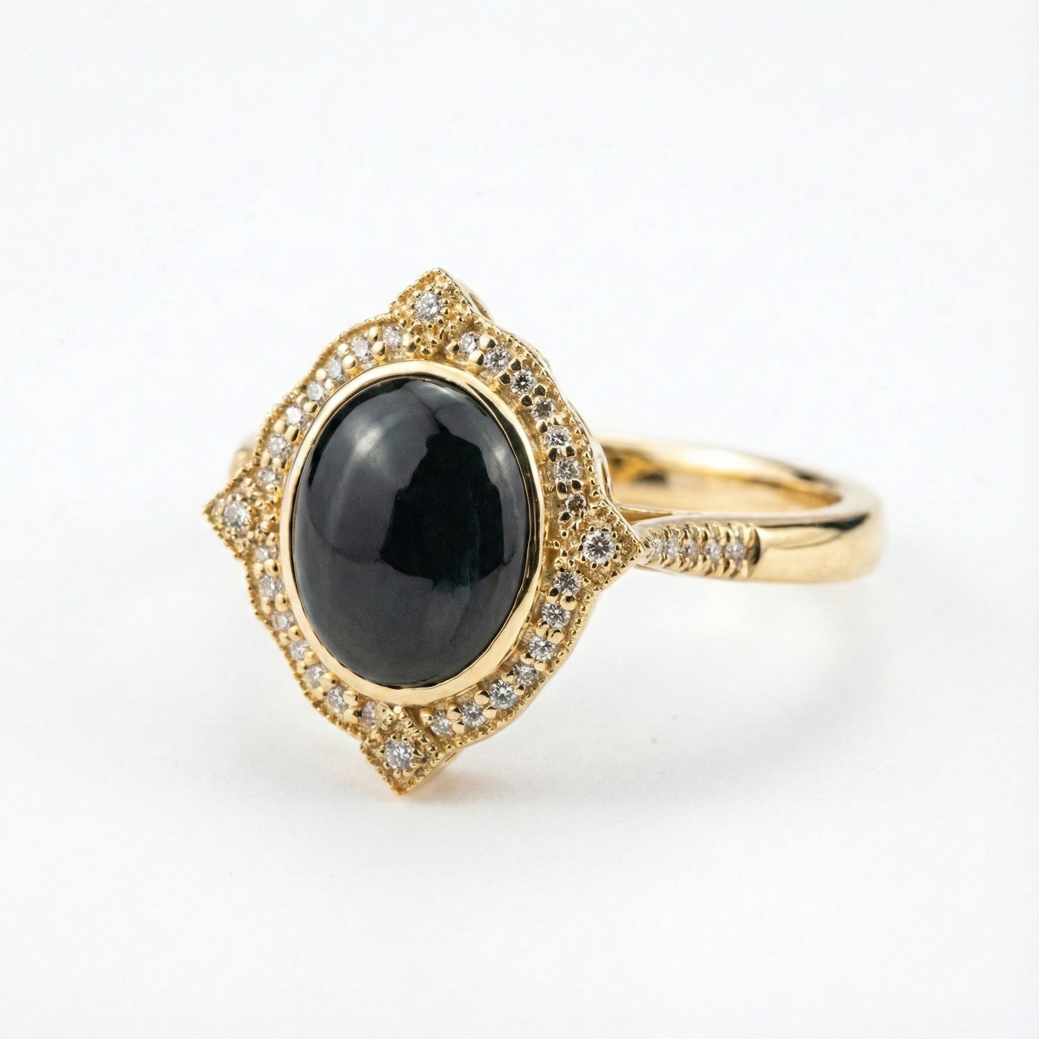 Lifestyle view of Oval Black Onyx Ring in Yellow Gold