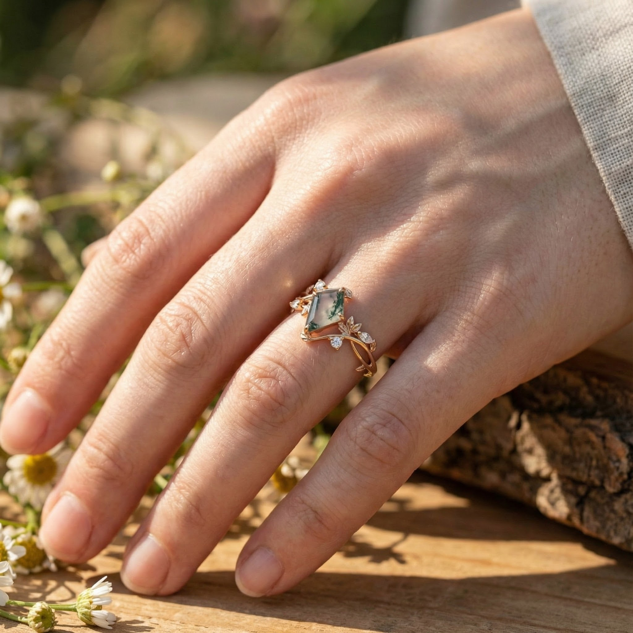 Angled view of Kite Cut Moss Agate Engagement Ring in Gold