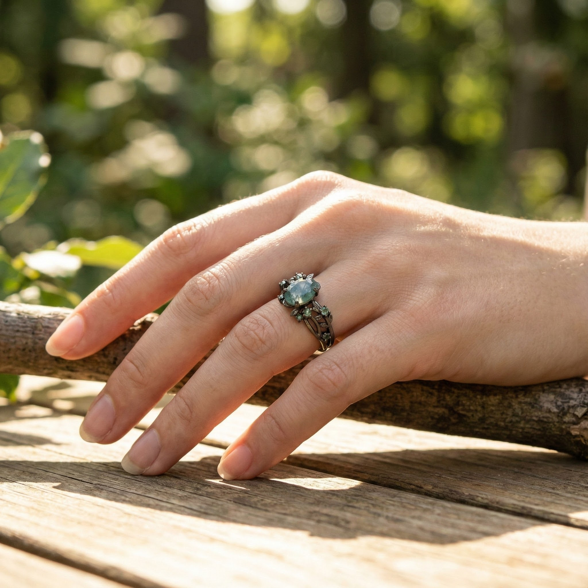 Oval Moss Agate Leaf Ring - Unique Nature Inspired Black Gold Ring Set