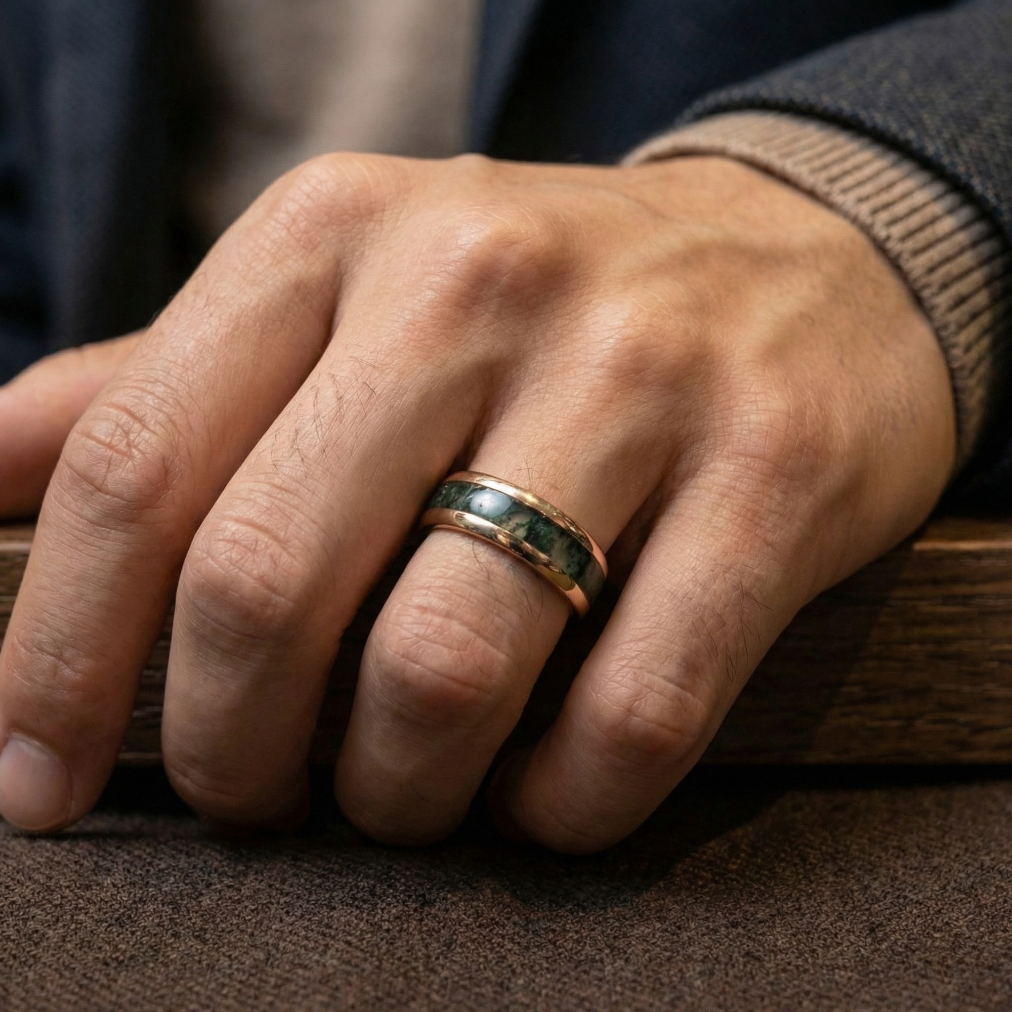 Angled view of Moss Agate Men's Ring in Gold