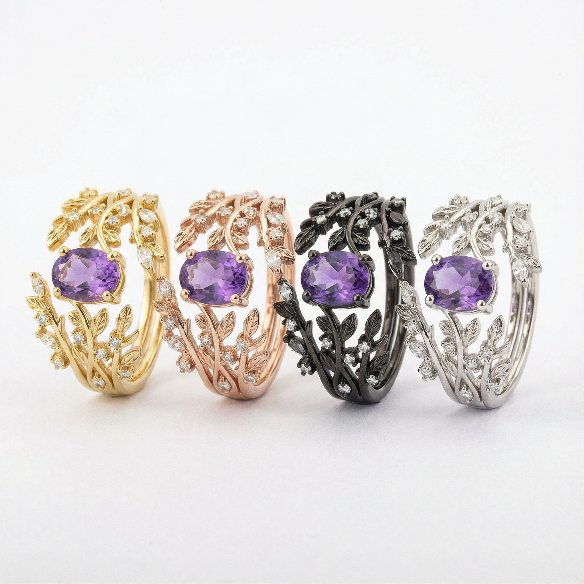 PETALIS - Oval Amethyst & Moissanite Leaf White Gold Ring Set Floral Engagement Ring