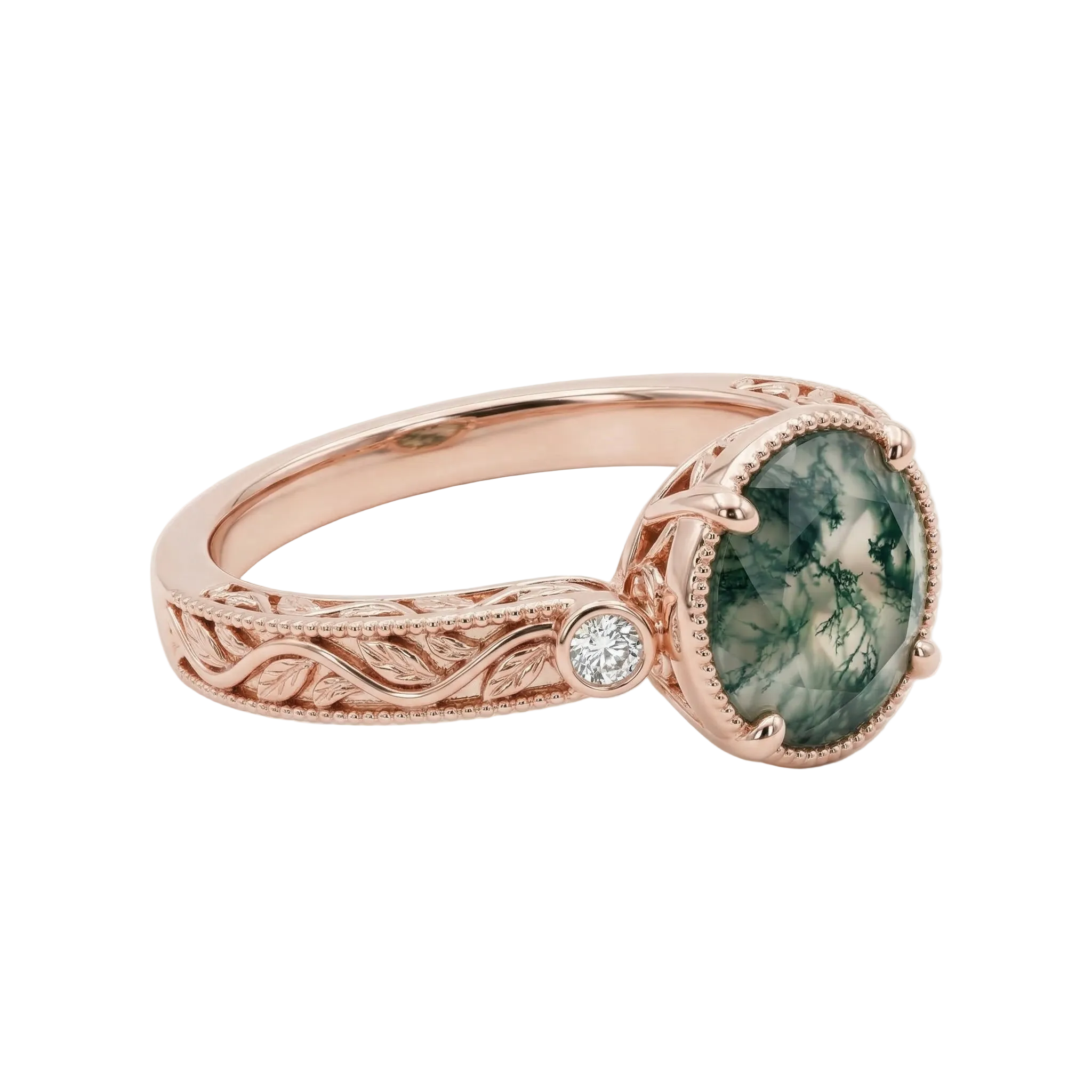 Lifestyle view of Oval Moss Agate Engagement Ring in Rose Gold