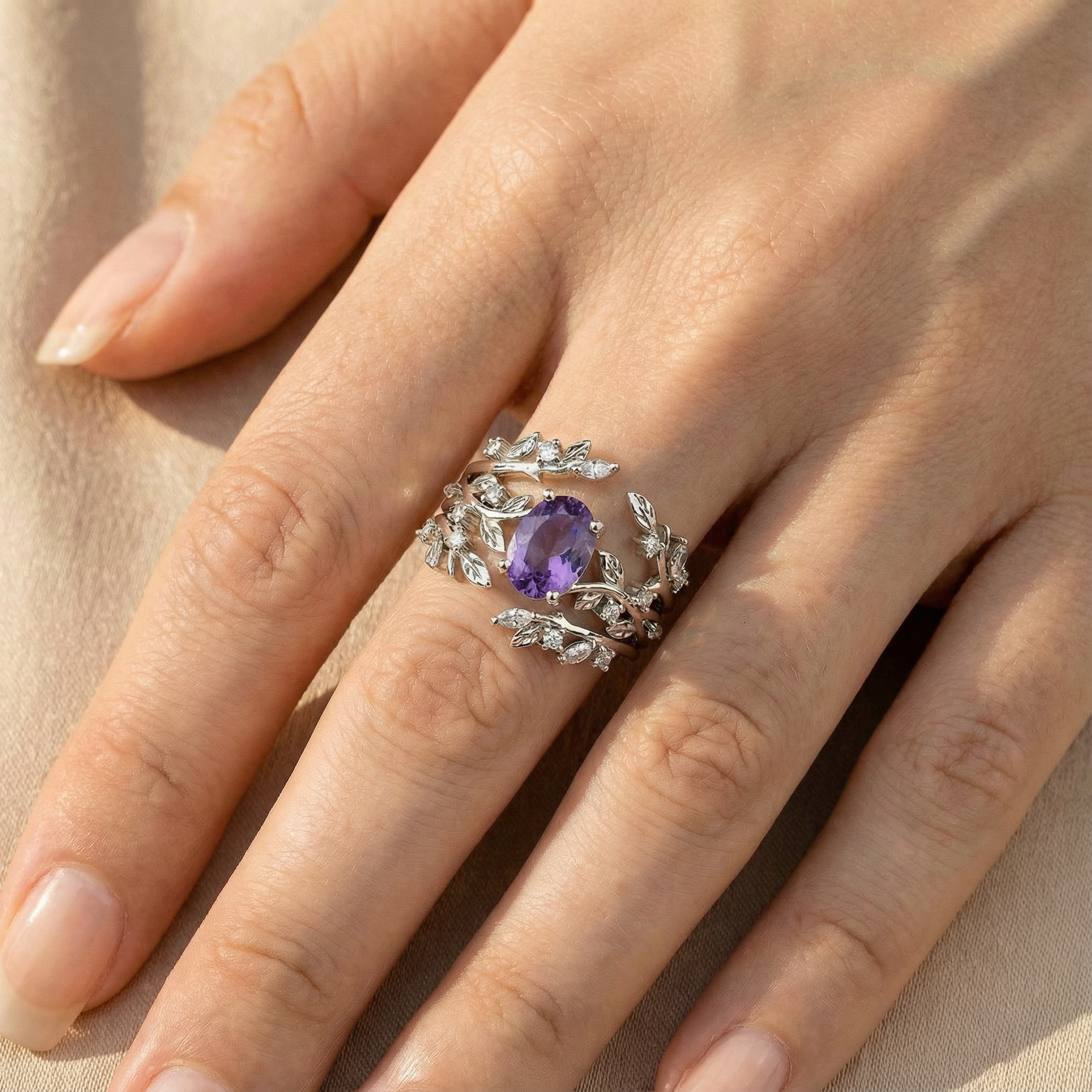 PETALIS - Oval Amethyst & Moissanite Leaf White Gold Ring Set Floral Engagement Ring