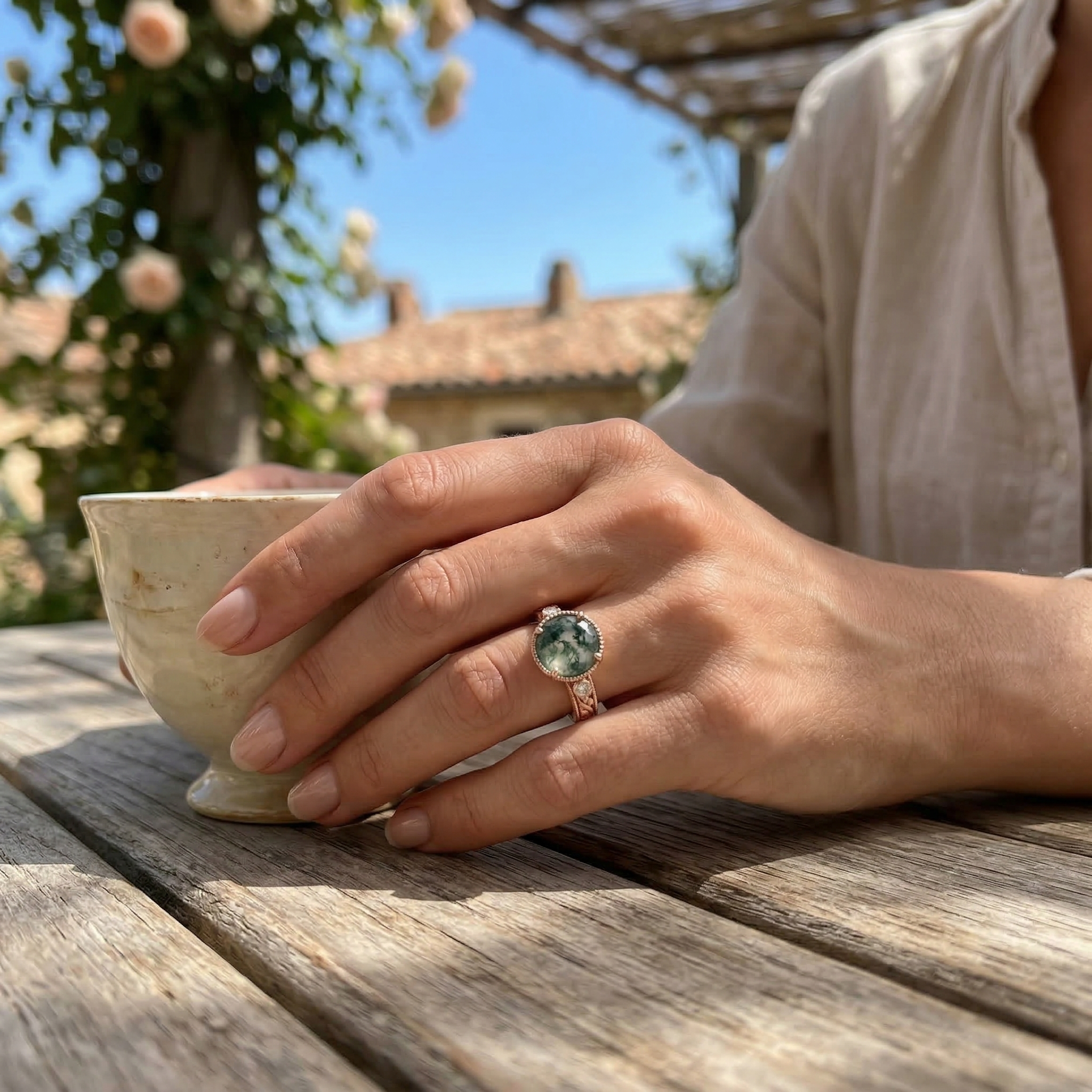Angled view of Oval Moss Agate Engagement Ring in Rose Gold