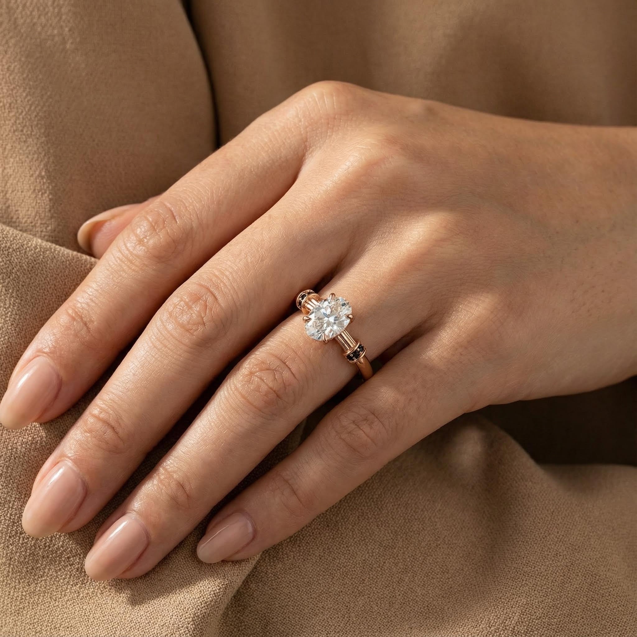 LUMINA - Oval Moissanite and Black Onyx Rose Gold Ring Classic Engagement Ring