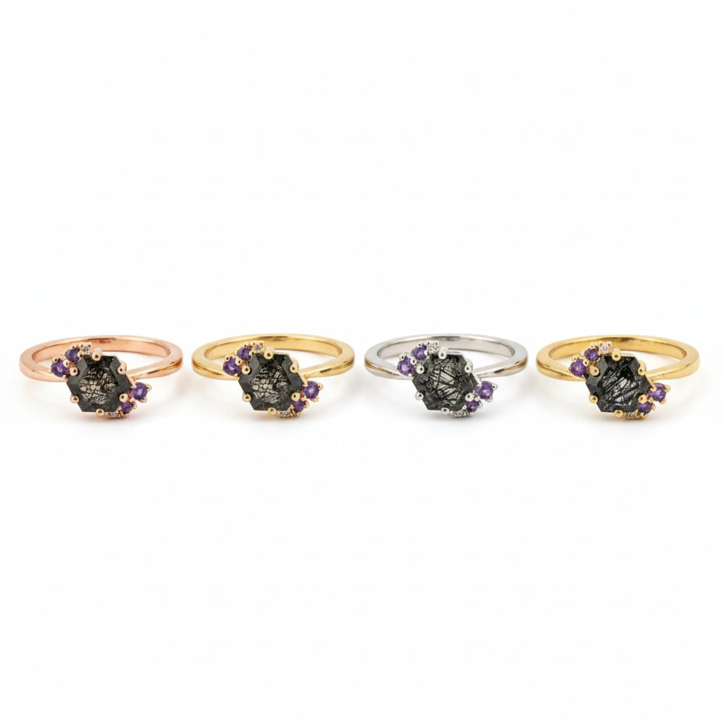 Lifestyle view of Hexagon Black Rutilated Quartz Ring in Rose Gold