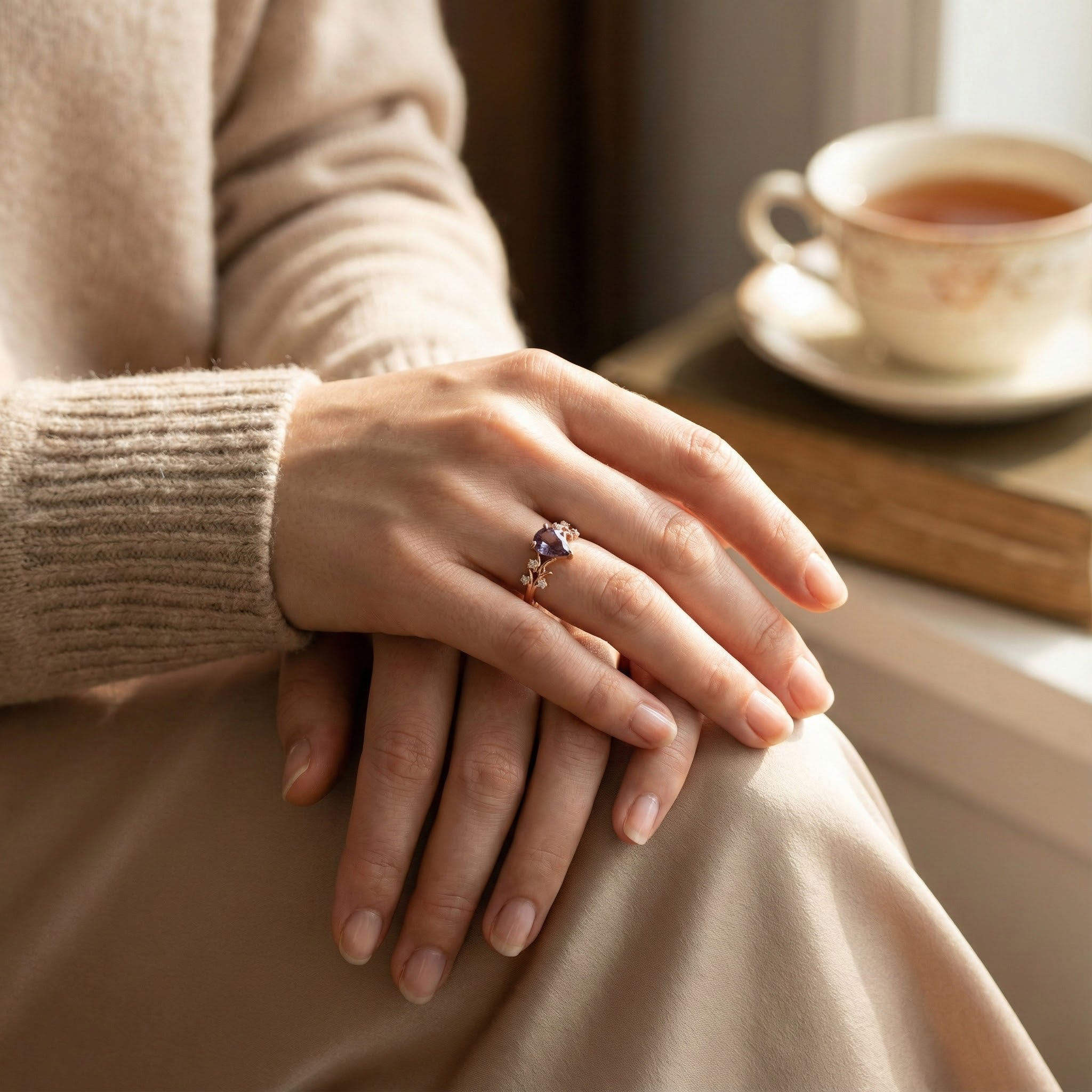 Promise Ring with Luxurious Pear Alexandrite Stone - Exquisite Nature-inspired Design