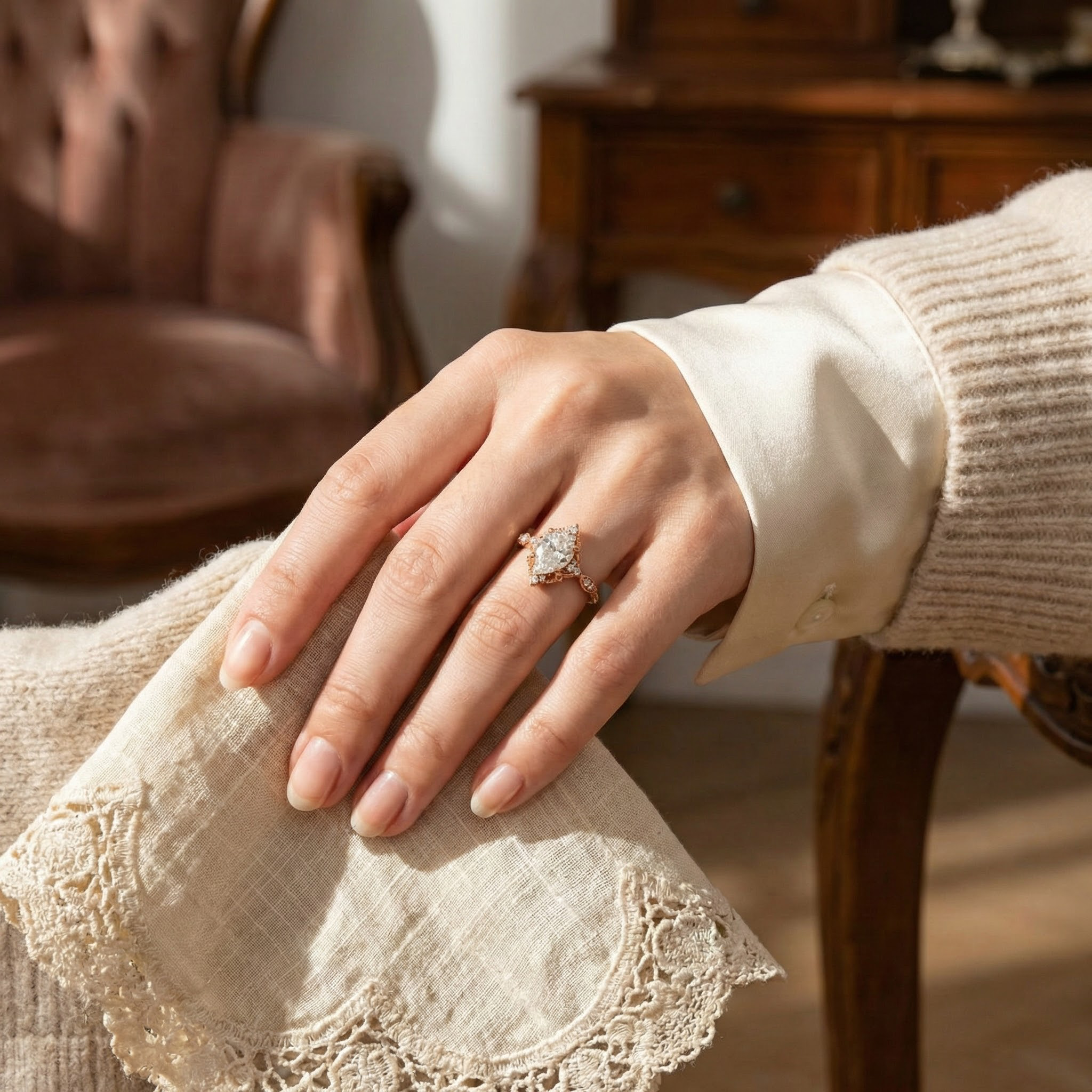Detailed view of Pear Moissanite Engagement Ring in Rose Gold