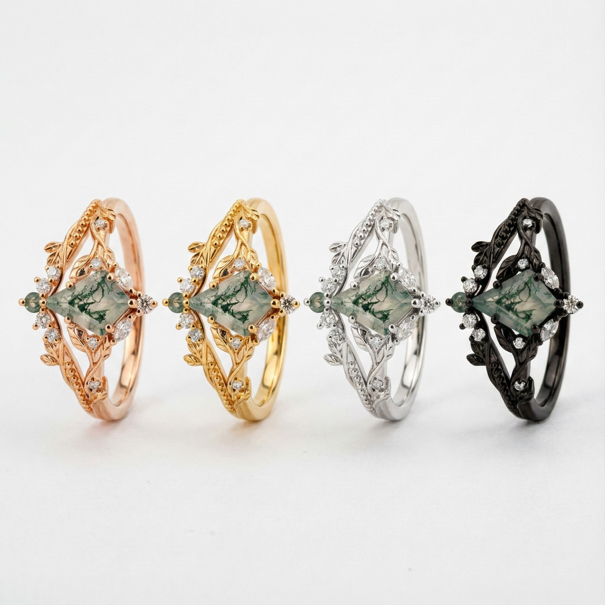 Kite Moss Agate Nature Inspired Delicate Engagement Ring Set Floral Ring Set