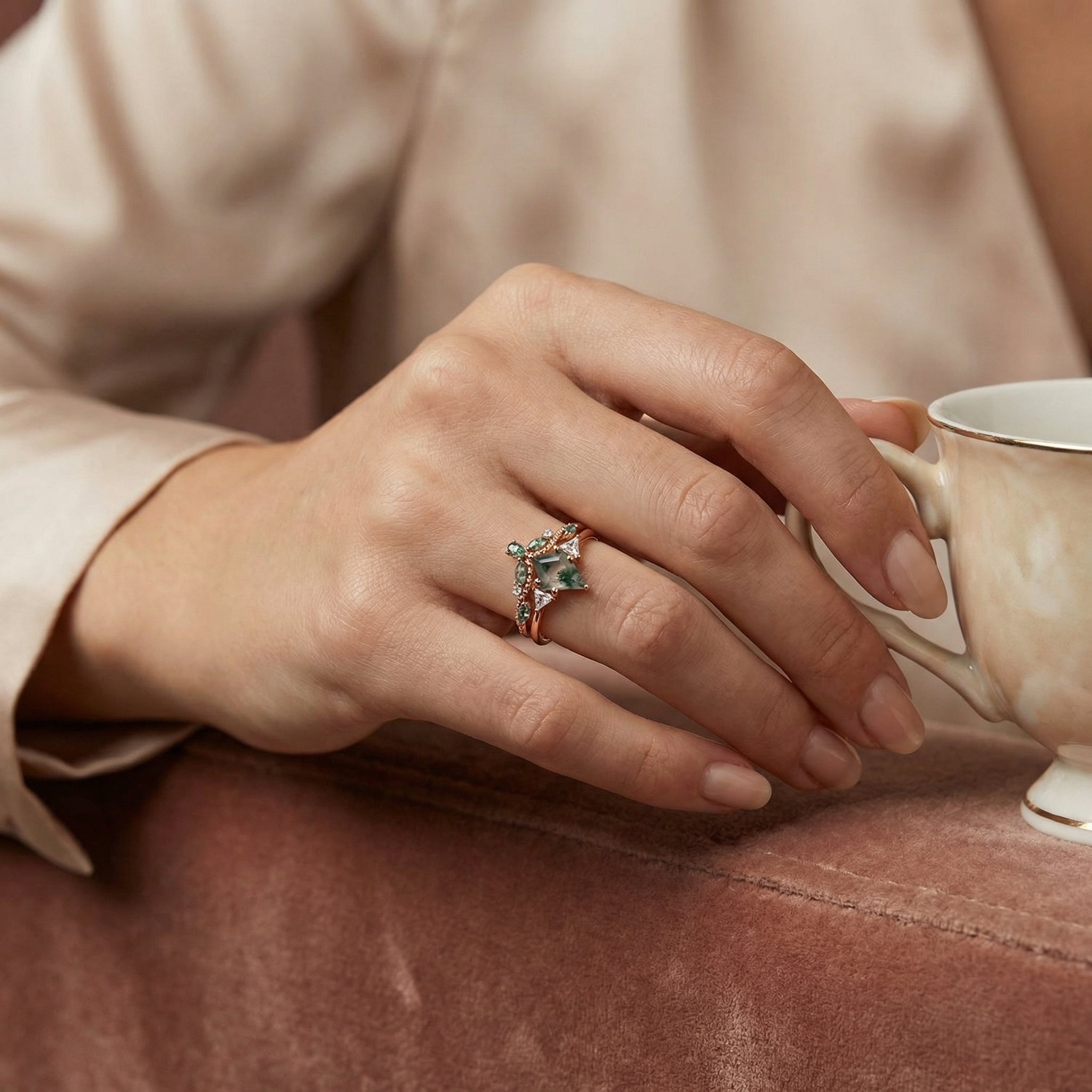 Detailed view of Kite Cut Moss Agate Ring Set in Gold