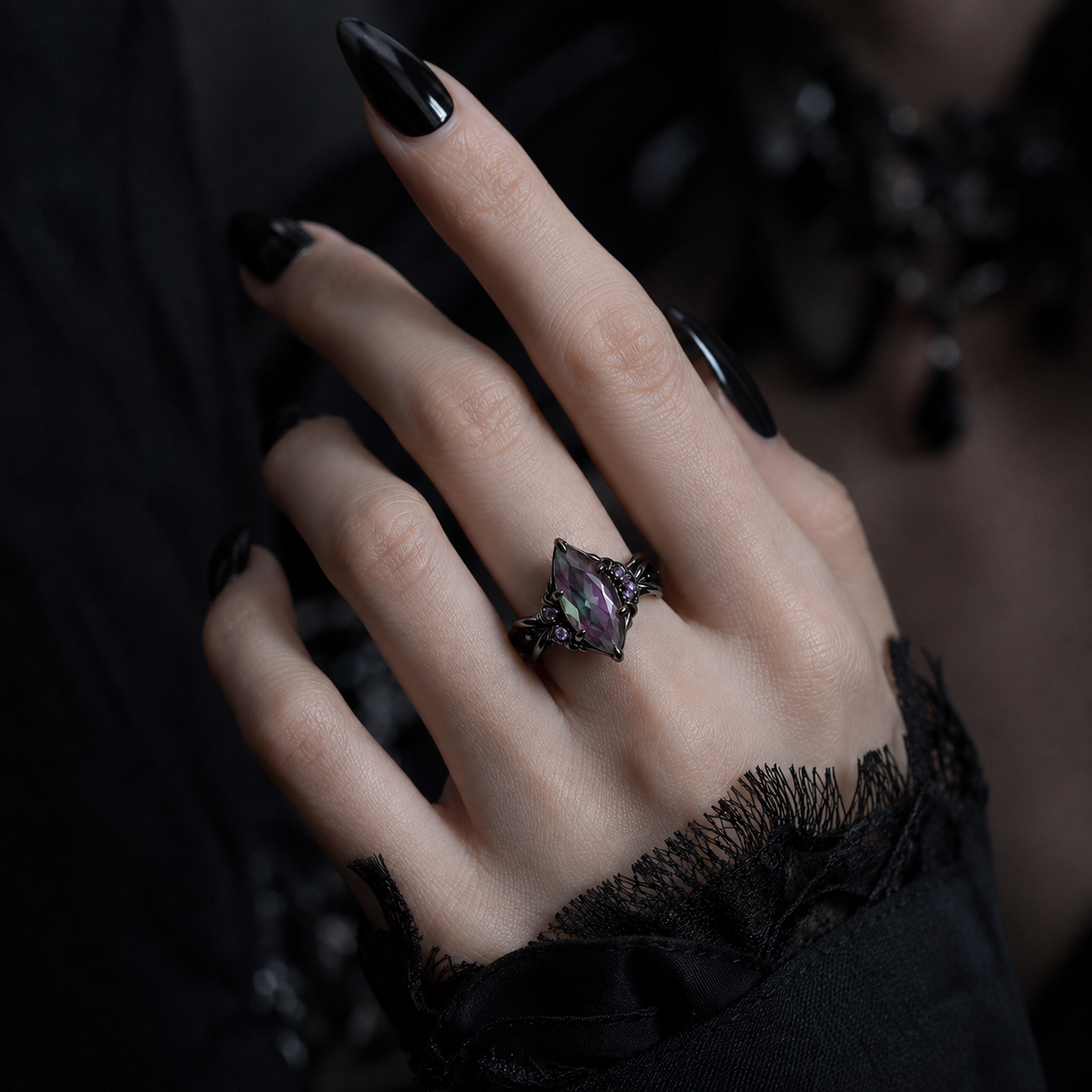 Marquise Alexandrite Personalized Engagement Ring with Amethyst Accents in Black Gold