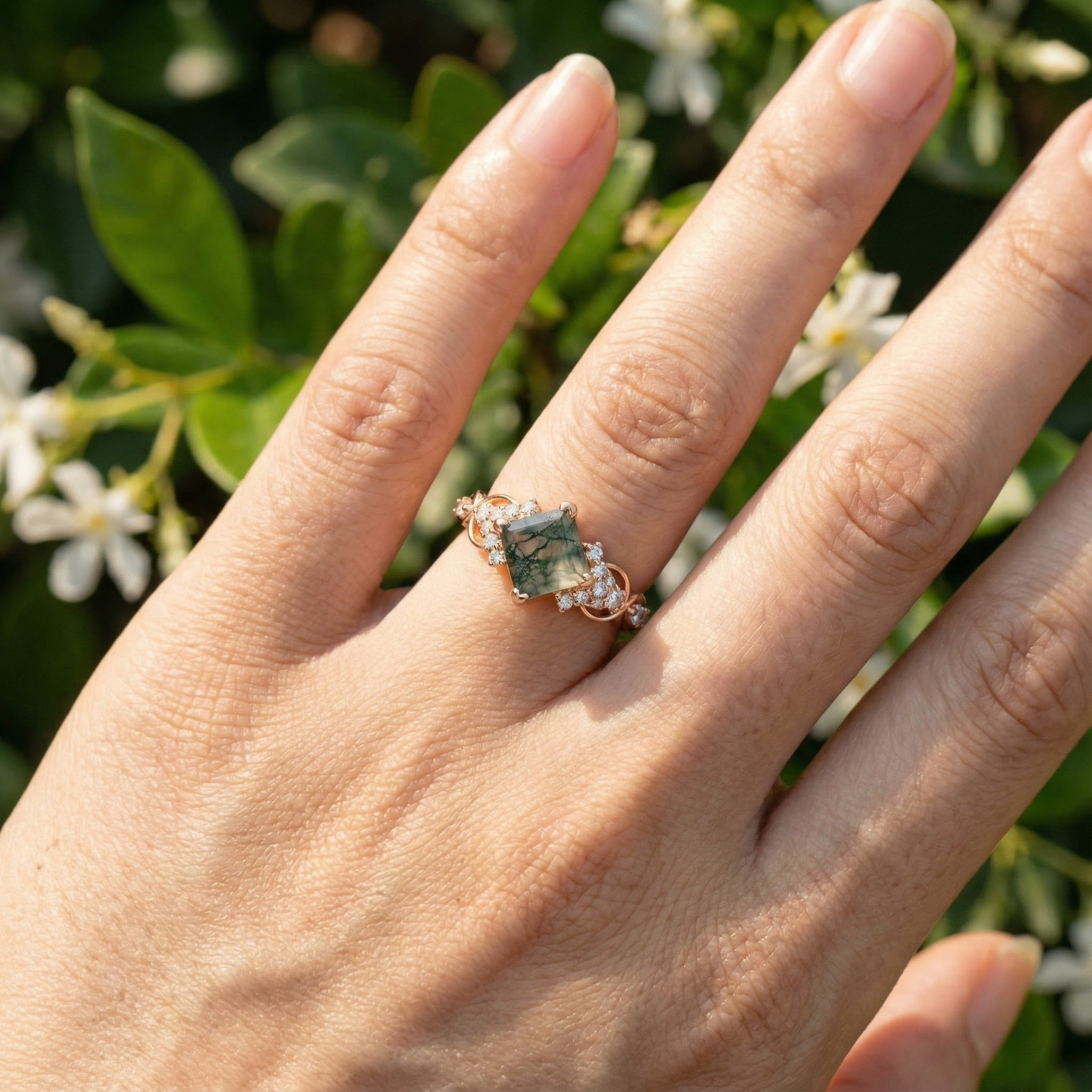 Luxurious Princess Moss Agate Ring with Moissanite - Perfect Engagement Ring