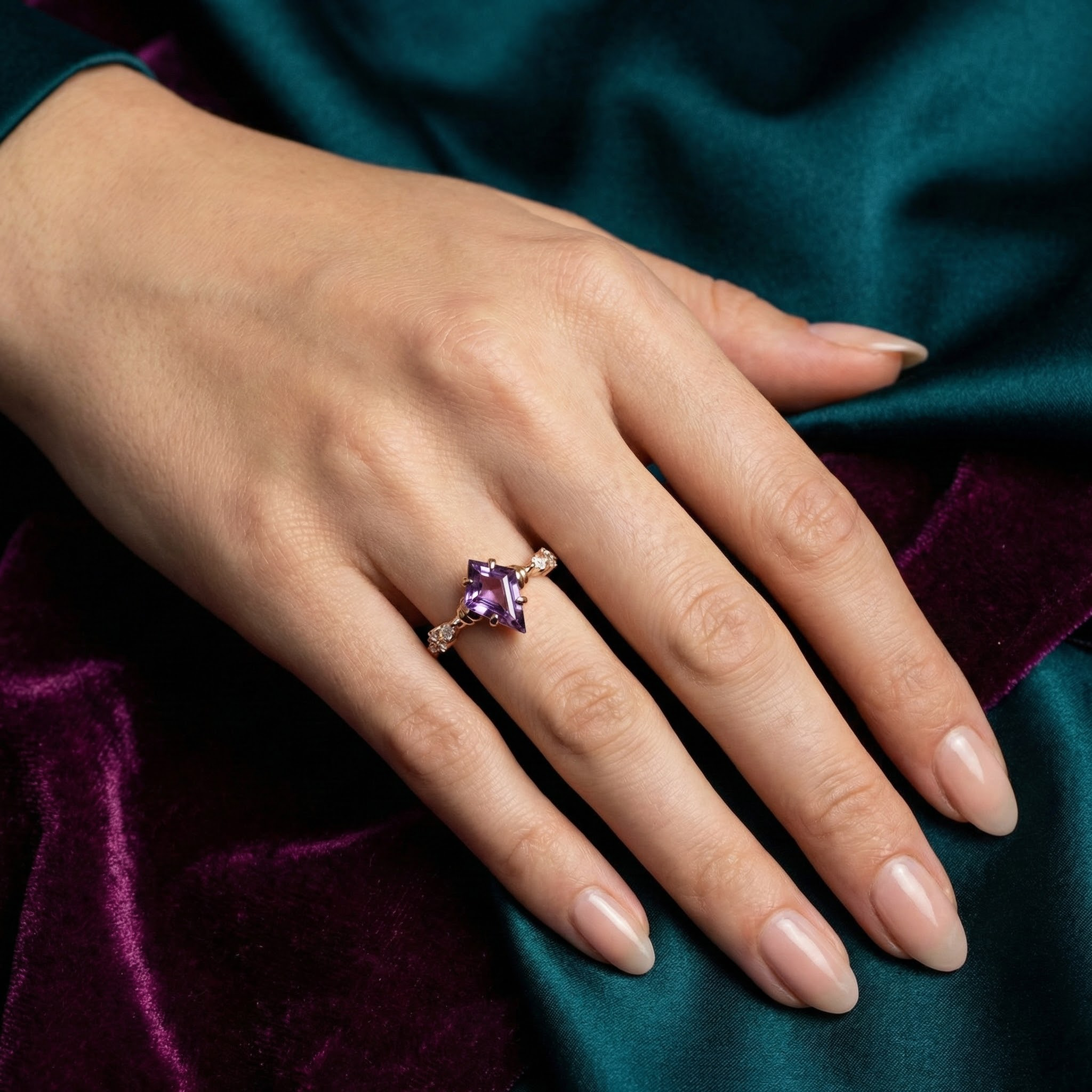 Detailed view of Kite Cut Amethyst Ring in Gold