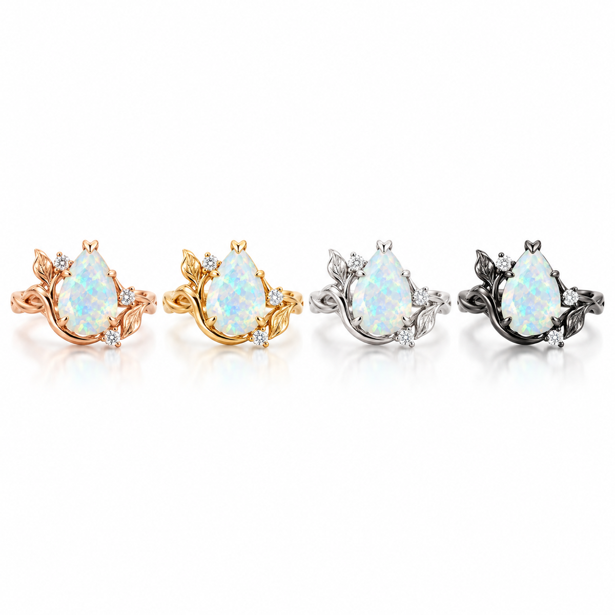 1. Pear opal leaf ring in rose gold with clear accent stones on white background