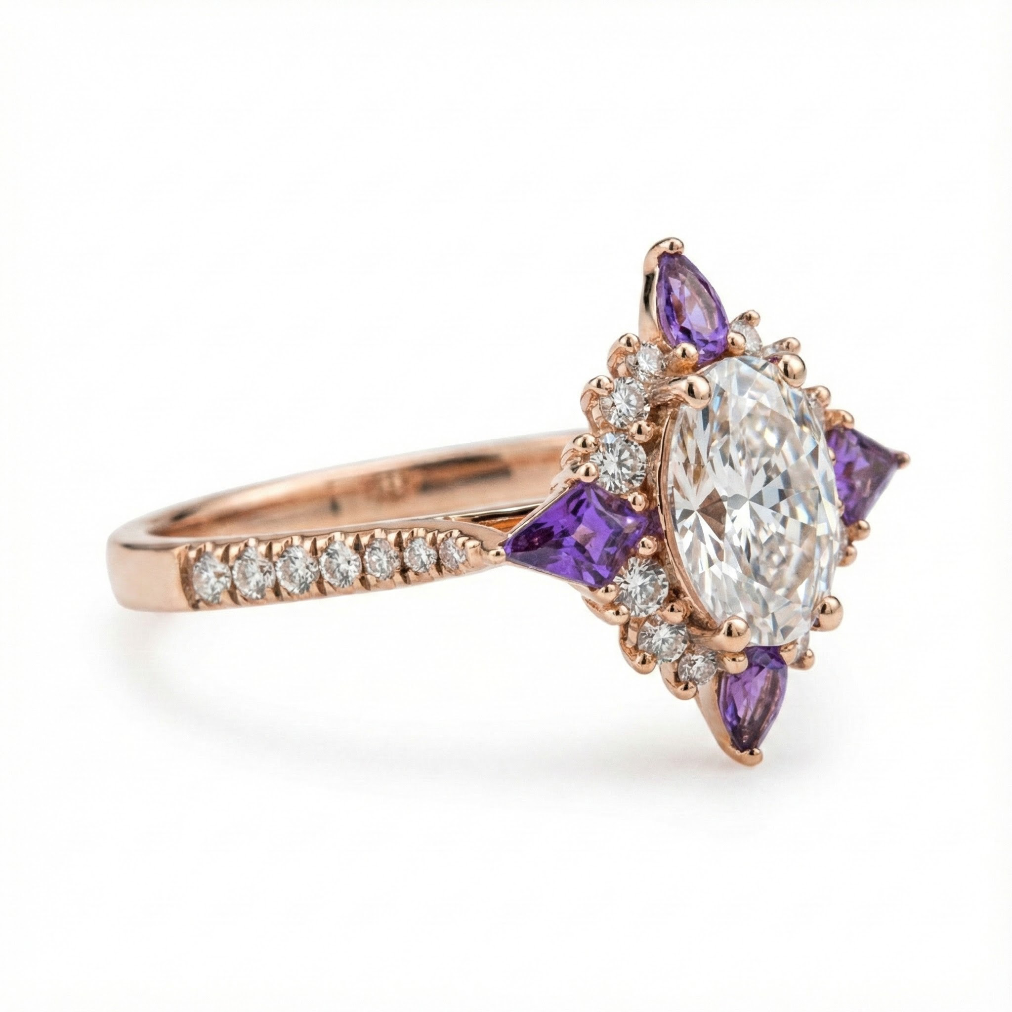 Beautiful oval moissanite gemstone ring with cross amethyst accents for elegant jewelry collection