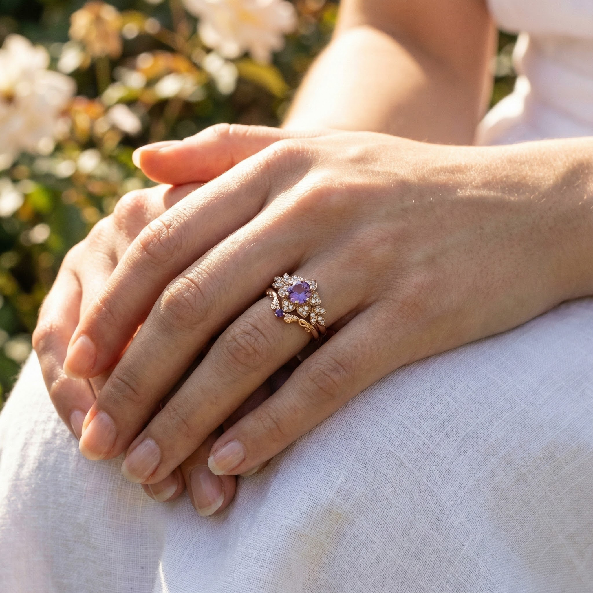 Exquisite round amethyst ring sparkling with luxury and elegance, perfect for a sophisticated touch.