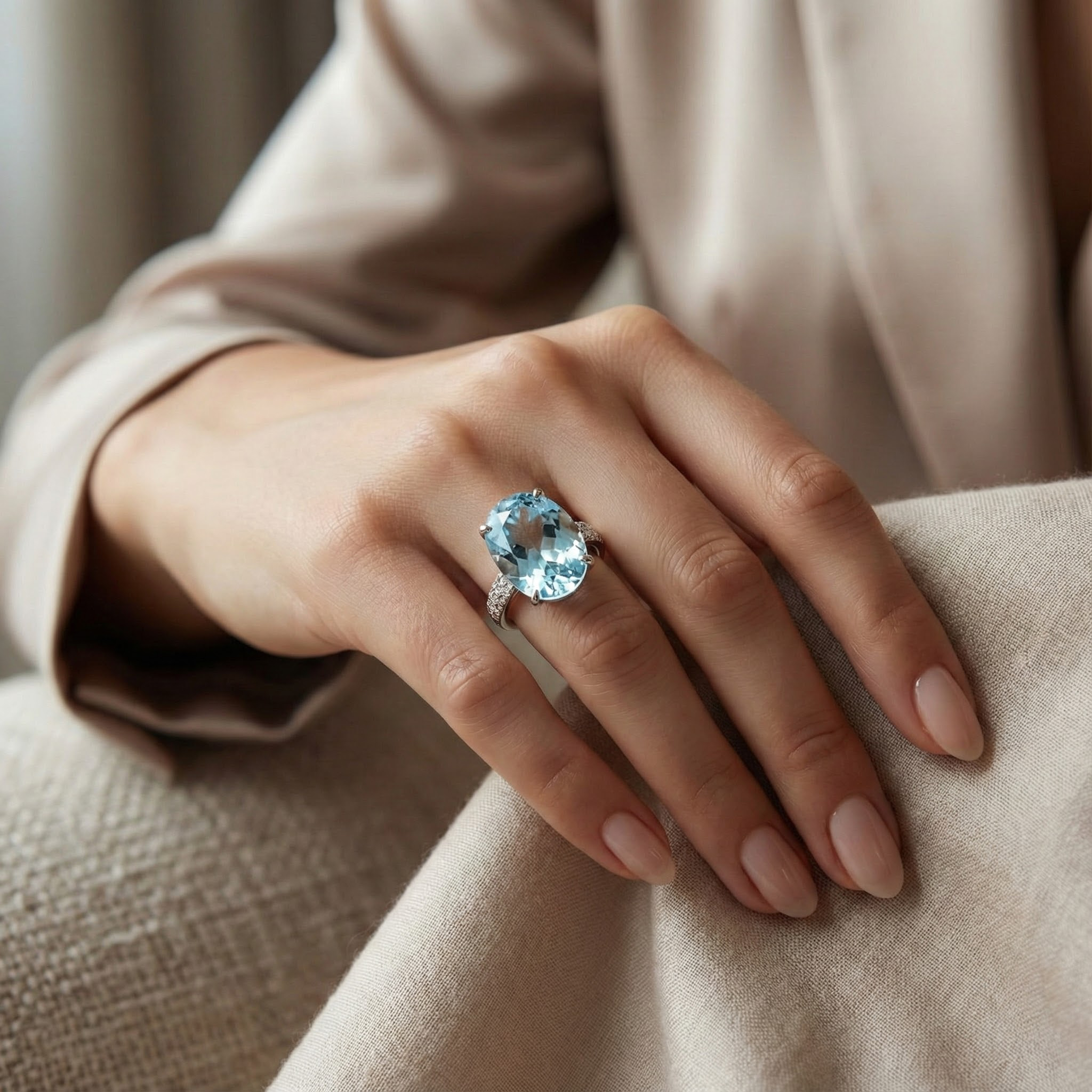 2ct Oval Blue Zircon White Gold Ring Classic Engagement Ring