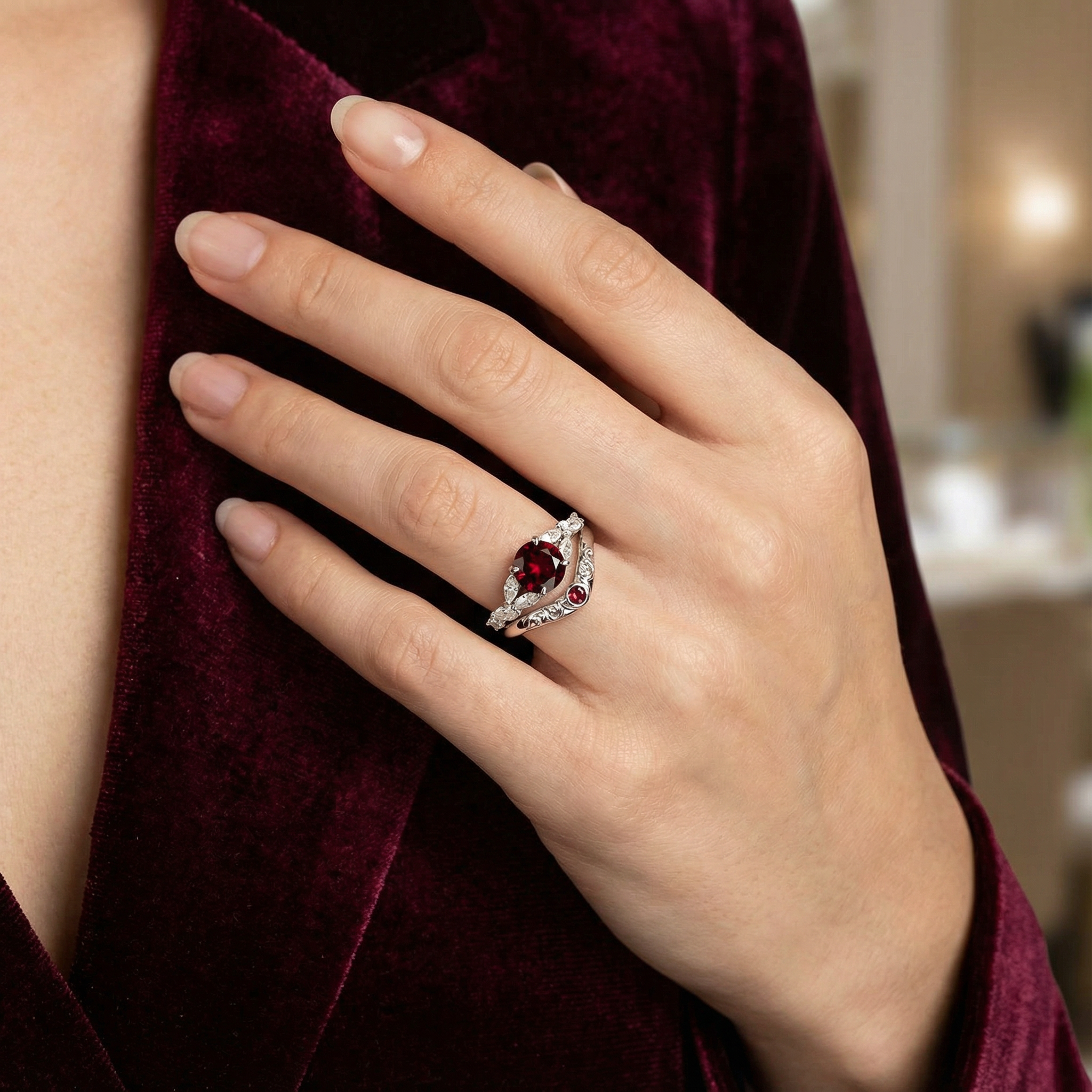 LUMINA - Round Garnet White Gold Ring Set White Gold Wedding Ring For Her Patterned Ring