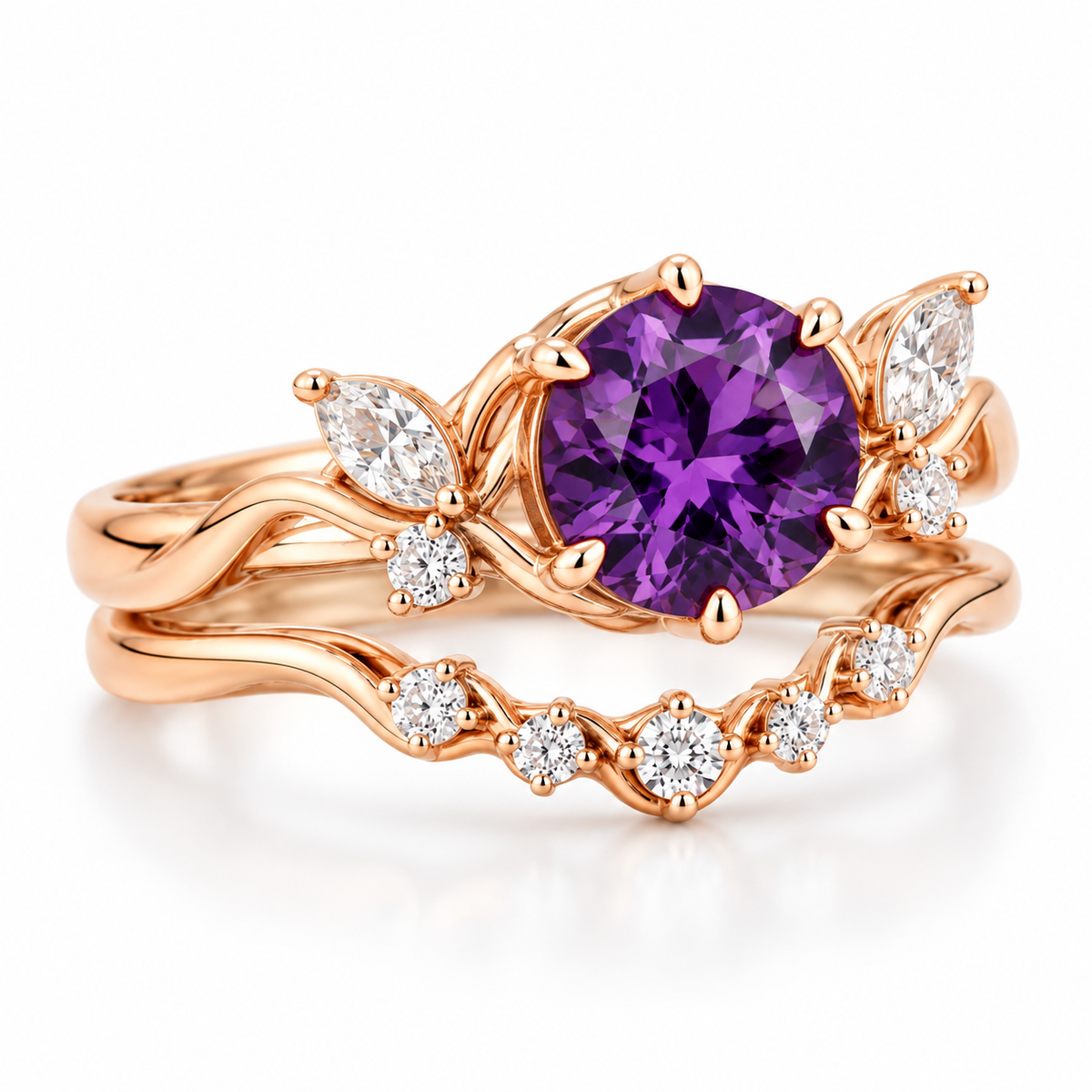 Amethyst engagement ring and matching contoured wedding band stacked together